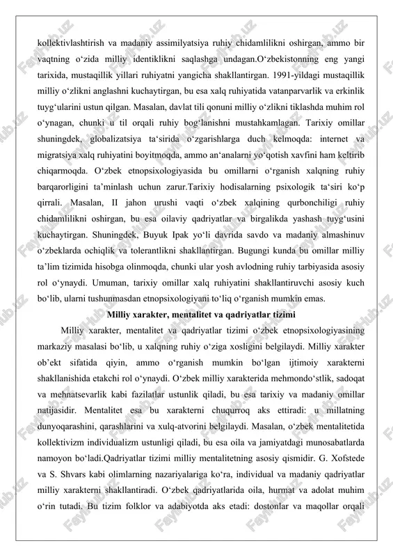 amlilikni oshirgan, bu esa oilaviy qadriyatlar va birgalikda yashash tuyg‘usini kuchaytirgan. shuningdek, buyuk ipak yo‘li davrida savdo va madaniy almashinuv o‘zbeklarda ochiqlik va tolerantlikni shakllantirgan. bugungi kunda bu omillar milliy ta’lim tizimida hisobga olinmoqda, chunki ular yosh avlodning ruhiy tarbiyasida asosiy rol o‘ynaydi. umuman, tarixiy omillar xalq ruhiyatini shakllantiruvchi asosiy kuch bo‘lib, ularni tushunmasdan etnopsixologiyani to‘liq o‘rganish mumkin emas. milliy xarakter, mentalitet va qadriyatlar tizimi milliy xarakter, mentalitet va qadriyatlar tizimi o‘zbek etnopsixologiyasining markaziy masalasi bo‘lib, u xalqning ruhiy o‘ziga xosligini belgilaydi. milliy xarakter ob’ekt sifatida qiyin, ammo o‘rganish mumkin bo‘lgan ijtimoiy xarakterni shakllanishida etakchi rol o‘ynaydi. o‘zbek milliy xarakterida mehmondo‘stlik, sadoqat va mehnatsevarlik kabi fazilatlar ustunlik qiladi, bu esa tarixiy va madaniy omillar natijasidir. mentalitet esa bu xarakterni chuqurroq aks ettiradi: u millatning dunyoqarashini, qarashlarini va xulq-atvorini belgilaydi. masalan, o‘zbek mentalitetida kollektivizm individualizm ustunligi qiladi, bu esa oila va jamiyatdagi munosabatlarda namoyon bo‘ladi.qadriyatlar tizimi milliy mentalitetning asosiy qismidir. g. …