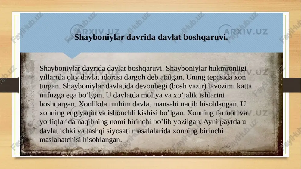 s si {| shayboniyxon davlati shayboniylar davlati xozirgi o‘zbekiston, tojikiston, janubiy qozog‘iston, shimoliy, afg‘oniston va janubiy-shargiy turkmaniston hududlarida mavjud bo‘lgan davlat. shayboniylar davlati forscha: glob chig‘atoycha:1500glél,5b -yil — 1601-yil we khanate of bukhara 5 sean omni no enone oe temporary tersitorien mawara‘nnahr a in the peridd of the (1500- 1785) leon highest prosperity shayboniylar davlati gullagan davrida /docprops/thumbnail.jpeg = shayboniylar daviat boshqaruvi