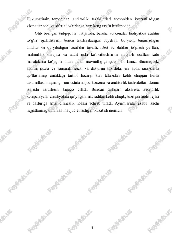 tekshiruvlari audit rejasiga binoan qonunchilik, milliy va xalqaro standartlarga binoan maʼlum ketma-ketlikda amalga oshiriladi. yaʼni, dastlab, audit tekshiruvi oʻtkazish toʻgʻrisidagi yozma rozilik va majburiyat xati imzolanadi. soʻngra tashkilotning ahvoli (tashkilot faoliyati, uning buxgalteriya va moliyaviy hujjatlari) bilan birlamchi tanishuv amalga oshiriladi. bunda, auditning dastlabki rejasi tuziladi hamda audit oʻtkazish boʻyicha roziligini yozma ravishda majburiyat shaklida ifodalaydi. natijada, rozilik va majburiyatlar asosida auditorlik shartnomasi imzolanadi. shartnoma ikki tomonlama tasdiqlangandan keyin, auditorlik tashkiloti tekshiruvni oʻtkazish boʻyicha umumiy reja va ishchi dasturni tuzadi. auditorlik tekshiruvini oʻtkazishning umumiy rejasida audit oʻtkazish davri, tekshirishga moʻljallanayotgan ish hajmi, tekshirish muddati, ijrochilar koʻrsatiladi. dasturda esa auditda qoʻllanilayotgan aniq usullar, tekshirish muddatlari, audit natijalarini rasmiylashtirish tartibi ifodalanadi. auditning samaradorligi uni toʻgʻri rejalashtirishga bevosita bogʻliqdir. auditorlik tashkilotlari turli mulk va tarmoq shaklidagi xoʻjalik yurituvchi subyektlarning faoliyatlarini tekshiradi. ushbu faoliyatlar oʻz navbatida bir-biridan xususiyatiga koʻra, hisob siyosatiga koʻra farq qiladi. xoʻjalik yurituvchi subyektlar faoliyatini auditorlik tekshiruvidan oʻtkazishda rozilik xati berilishi …