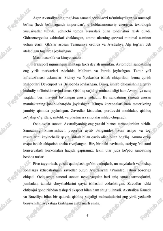 t sanoati sanoati uzoq vaqtdan beri aniq sanoat tarmoqlarini, jumladan, tamaki choyshablarini qayta ishlashni o'zlashtirgan. zavodlar ichki ehtiyojni qondirishdan tashqari eksport bilan ham shug‘ullanadi. avstraliya kanada va braziliya bilan bir qatorda qishloq xo'jaligi mahsulotlarini eng yirik yetkazib beruvchilar ro'yxatiga kiritilgani ajablanarli emas. mamlakat qishloq xoʻjaligi faoliyati xilma-xil va koʻp qirrali. bu yerda chorvachilik, g‘allachilik, vinochilik va boshqa sohalar ham xuddi shunday muvaffaqiyat bilan rivojlanmoqda. jahon qishloq xo'jaligi bozorida ko'plab tarmoqlar mavjud bo'lib, bu erda avstraliya birinchi o'rinni egallaydi. iqtisodiyot va sanoat yaqin aloqalar tufayli mamlakatga jun ishlab chiqarish bo'yicha etakchi bo'lishga imkon berdi. bundan tashqari, sut va don mahsulotlari, shakar, go'sht, meva yetkazib berish hajmi ham yuqori. janubiy avstraliyada sabzavotchilik va bogʻdorchilik rivojlangan. sugʻoriladigan yerlarda paxta, tamaki va shakarqamishdan ham yaxshi hosil olinadi. mamlakatning markaziy banki avstraliya zaxira banki (rba). uning vazifasi, nizomga muvofiq, mamlakat valyutasi barqarorligini ta'minlash, to'liq bandlikni, iqtisodiy farovonlik va aholi farovonligini ta'minlashga qodir bo'lgan pul-kredit va …