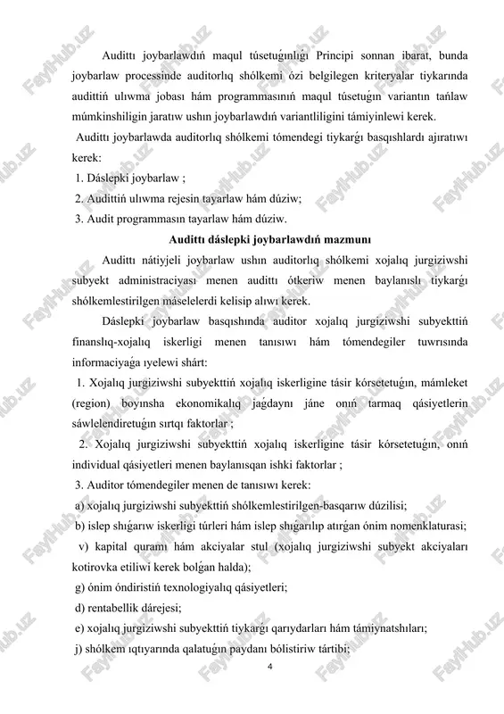 ) rentabellik dárejesi; e) xojalıq jurgiziwshi subyekttiń tiykarǵı qarıydarları hám támiynatshıları; j) shólkem ıqtıyarında qalatuǵın paydanı bólistiriw tártibi; z) sho'ba hám baǵınıqlı shólkemler bar ekenligi; i) xojalıq jurgiziwshi subyekt tárepinen islengen ishki qadaǵalaw sisteması ; k) xızmetkerler miynetine aqsha tólewdi qáliplestiriw principleri. auditor ushın tómendegiler xojalıq jurgiziwshi subyekt tuwrısında informaciya alıw ushın derek esaplanıwı kerek: 1. xojalıq jurgiziwshi subyekt ustavi; 2. xojalıq jurgiziwshi subyektni dizimge alıw tuwrısındaǵı hújjetler; 3. xojalıq jurgiziwshi subyekttiń gúzetiw hám (yamasa ) atqarıw shólkemleri jıynalısları, aksiyonerler jıynalıslarınıń yamasa basqa sol sıyaqlı basqarıw shólkemleri jıynalısları protokolı. 4. xojalıq jurgiziwshi subyekttiń esap siyasatın hám oǵan ózgertiwler kirgiziwdi tártipke soluvchi hújjetler; 5. buxgalteriya esabatları ; 6. statistika esabatları ; 7. xojalıq jurgiziwshi subyekt iskerligin joybarlaw hújjetleri (jobalar, smetalar, joybarlar); 8. xojalıq jurgiziwshi subyekttiń kontraktlari, shártnamaları, pitimleri; 9. auditorlar, máslahátchilarning ishki sezimobotlari; 10. firmanıń ishki jollanbaları ; 11. salıq tekserisleri materialları ; 12. sud dawaları materialları ; 13. xojalıq jurgiziwshi …