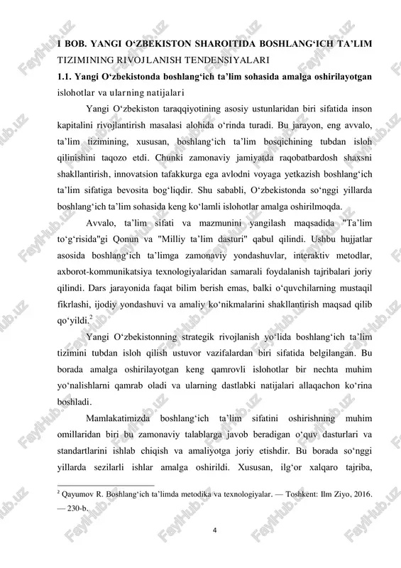 uv materiallari oʻquvchilarning qiziqishlari va ehtiyojlariga mos ravishda tuziladi, nazariy bilimlar amaliy mashgʻulotlar bilan uygʻunlashtiriladi. shuningdek, oʻquv jarayonida interaktiv metodlar, loyihaviy taʼlim, guruhlarda ishlash kabi zamonaviy pedagogik texnologiyalardan keng foydalanish koʻzda tutilgan. natijada, boshlangʻich sinf oʻquvchilari nafaqat zaruriy bilimlarni egallaydilar, balki oʻqishga boʻlgan qiziqishlari ortadi, oʻz ustida mustaqil ishlash koʻnikmalari rivojlanadi. 3 boshlangʻich taʼlim sifatini oshirishning yana bir muhim sharti bu malakali va zamonaviy bilimga ega boʻlgan pedagog kadrlarni tayyorlash, ularning malakasini muntazam ravishda oshirib borish va ularni har tomonlama qoʻllab- quvvatlashdir. yangi oʻzbekistonda bu yoʻnalishda ham bir qator muhim chora- tadbirlar amalga oshirilmoqda. pedagogika oliy oʻquv yurtlarining oʻquv rejalari va dasturlari qayta koʻrib chiqilib, ularga zamonaviy pedagogik texnologiyalar, psixologiya va metodika fanlarining soʻnggi yutuqlari kiritilmoqda. shuningdek, amaldagi boshlangʻich sinf oʻqituvchilarining malakasini oshirish tizimi takomillashtirilmoqda. muntazam ravishda malaka oshirish kurslari, seminar-treninglar, mahorat darslari tashkil etilmoqda. bu tadbirlarda oʻqituvchilar zamonaviy oʻqitish metodlari, innovatsion texnologiyalar, bolalar psixologiyasi va inklyuziv taʼlim kabi muhim …