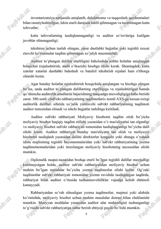 nusxasidan olishi mumkin. oqilonalik nuqtai-nazaridan boshqa etarli bo’lgan tegishli dalillar mavjudligi kutilmayotgan holda, auditor sub'ekt rahbariyatidan moliyaviy hisobot uchun muhim bo’lgan masalalar bo’yicha yozma taqdimotlar olishi lozim. og’zaki taqdimotlar sub'ekt rahbariyati tomonidan yozma ravishda tasdiqlangan taqdirda, rahbariyat bilan auditor o’rtasida tushunmovchiliklar vujudga kelish ehtimoli kamayyadi. rahbariyatdan so’rab olinadigan yozma taqdimotlar, majmui yoki alohida ko’rinishda, moliyaviy hisobot uchun muhim masalalar doirasi bilan cheklanishi mumkin. muayyan moddalar yuzasidan auditor ular muhimligini tushunganligi to’g’risida sub'ekt rahbariyatiga xabar berish ehtiyoji paydo bo’lishi mumkin. audit o’tkazish paytida rahbariyat o’z tashabbusi bilan yoki aniq belgilangan so’rovnomalar bo’yicha auditorga juda ko’p taqdimotlar taqdim etadi. bunday taqdimotlar moliyaviy hisobot uchun muhim masalalarga tegishli bo’lgan taqdirda, auditor quyidagilarni amalga oshirishi lozim: (a) sub'ekt ichidagi yoki uning tashqarisidagi manbaalardan tasdiqlovchi auditorlik dalillarni izlashi; (b) sub'ekt rahbariyatining taqdimotlari oqilonaligi va ular olingan boshqa auditorlik dalillarga, jumladan boshqa taqdimotlarga izchilligiga baho berish; (v) sub'ekt taqdimotlarini tayyorlovchi shaxslar alohida masalalar bo’yicha qanchalik yaxshi …