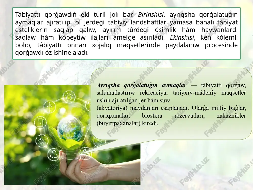 lerde paydalanıladı. sonıń ushın da, olardı qorǵaw zárúr. tábiyat esteliklerin ulıwma ózgesheliklerine qaray geologiyalıq-geomorfologiyalıq, botanikalıq, paleontologiyalıq, astronomiyalıq hám landshaft esteliklerine bólinedi. tábiyattı qorǵaw hám tábiyiy resurslardan paydalanıw quramalı isilajlar sisteması. bolıp, olardı aqılǵa muwapıq shólkemlestiriw ushın tómendegi geografiyalıq-ekologiyalıq principlerge ámel etiledi. paydalanılǵan ádebiyatlar 1. abdullayev s. tuproq melioratsiyasi. t., 2000. 2. abdullayev h.a., abdurahmonov a. sho‘rlangan tuproqlar va ularning melioratsiyasi. t., 1989. 3. yo‘ldoshev g‘., karimova s., g‘oziyev m. sho‘rlangan tuproqlar melioratsiyasi. t., 1998. 4. yo‘ldoshev g‘. meliorativ tuproqshunoslik. f. 2003. 5. g‘ofurova l. a., abdullayev s. meliorativ tuproqshunoslik. ma’ruzalar matni. t. 2000. 6. https://uz.wikipedia.org/, https://peskiadmin.ru/uz/ image1.jpeg image2.jpeg image3.jpeg image4.jpeg image5.jpeg image6.jpeg image7.jpeg image8.jpeg image9.jpeg image10.jpeg image11.jpeg image12.jpeg image13.jpeg image14.jpeg image15.jpeg image16.jpeg image17.jpeg image18.jpeg image19.jpeg image20.png image21.jpeg image22.jpeg ile. /docprops/thumbnail.jpeg joba: | leys gona yal hagginds sink | 2 milly bag gongxanaar 3. zakazik, bose ezervat