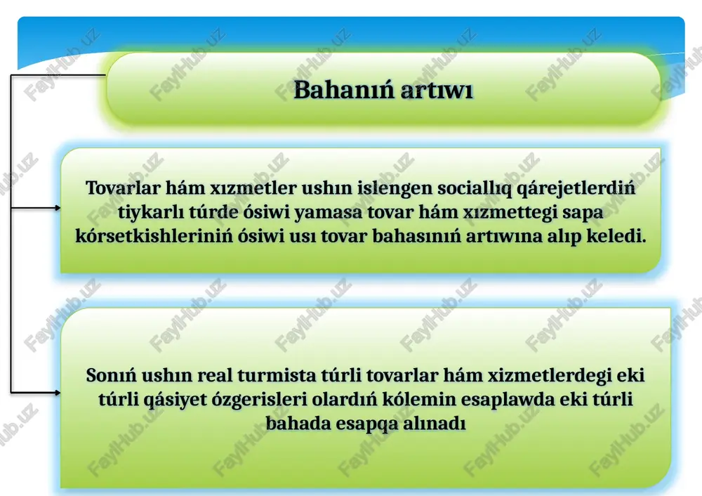 ı boladı. abıraylı bahalardı qollanıwda tovarlardı islep shıǵarıw qárejetleri hám rentabellik dárejesi, bazardaǵı talap, onıń ózgeriwi hám bazardaǵı básekilesiw sharayatı esapqa alınadı. soǵan qaray, belgili bir dáwirge shekem ózgermeytuģın qatań bahalar hám ózgeriwshi bahalar qollanıladı. erkin bazar bahaları - bul talap hám usınıs tiykarında júzege keletuģın bazar bahaları. mádeniyatlasqan bazar sharayatların júzege keltiriwde erkin bahalar jámiyet hám bazar qatnasıqları barlıq subektleriniń máplerin eń maqsetli tárizde úylestiriwge imkan beredi. baha diapazonı bahalar aralıǵınıń aqshalardaģı anlatpası bolip tabıladı. baha diapazonı tómen, orta hám joqarı bahalardı óz ishine aladı. baha diapazoni qansha úlken bolsa, tovar aylanısı sonsha tez júz beredi, sebebi talap penen baha óz ara baylanısadı. bazar kólemi esapqa alınǵanda aymaqlıq, milliy hám xalıqaralıq bahalar boladı. aymaqlıq baha tek ǵana belgili bir aymaqlıq bazarǵa tán bolıp, ol sol aymaq ishindegi faktorlar tásirinen payda boladı. milliy bazar bahası bir mámleket sheńberinde ámel etetuģın hám olardıń ózgesheligin sáwlelendiriwshi bahalar bolip tabıladı. milliy baha mámleket …