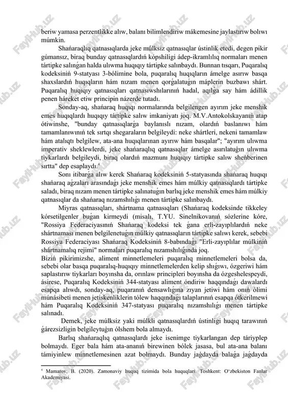 anadı. (pk 104-statyasınıń 2-bólimi). solay etip, pitimde kórsetilgen jaǵday (shárt) júzege kelgenge shekem, pitim tárepleriniń huqıq hám minnetlemeleri bar boladı hám sonıń ushın huqıqıy qatnasıqlar dawam etedi. máselen, ijara beriwshi nekege kirgenge shekem turaq jaydı ijaraǵa beriwi hám bul jaǵday qashan júz bergenligi belgisiz bolǵansha dawam etedi, yaǵnıy turaq jaydı haqı ushın ijaraǵa beriw dawam etiwshi huqıqıy qatnasıqlardı keltirip shıǵaradı.[footnoteref:3] [3: abdullayeva, m. (2021). bola huquqlari va ularning himoyasi. toshkent: o‘zbekiston respublikasi oliy va o‘rta maxsus ta'lim vazirligi.] shańaraq huqıqında derlik barlıq qatnasıqlar dawamlı xarakterge iye, degen túsinik, pikirimizshe, haqıyqatqa sáykes kelmeydi. neke qatnasıqları sózsiz dawam etedi, sebebi neke tek ǵana er yaki hayaldıń biri qaytıs bolıwı, yaki olardan biriniń qaytıs dep járiyalanıwı yaki nekeden ajıratılıwında tamamlanadı (shańaraq kodeksiniń 7-bólimi). nızam belgili bir shárt tiykarında nekeni dúziwge jol qoymaydı, ásirese nekeni shańaraq qurıw maqsetisiz dizimge alıw, yaǵnıy jalǵan neke onıń haqıyqıy emesligine alıp keledi. (shańaraq kodeksiniń 49-statyası 2-bólimi). ata-analar hám …