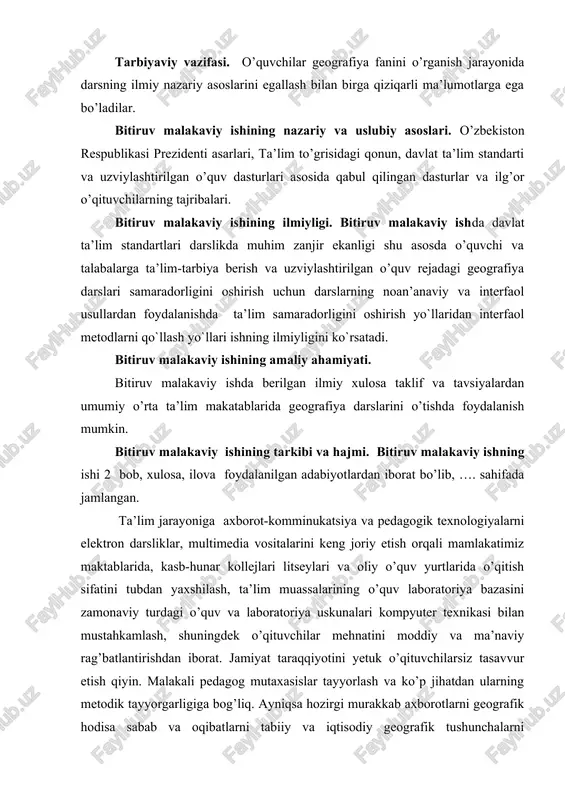 dosh iqtidorli yoshlarni shakllantirish vazifalarini ham qo`ymoqda. prezidentimiz ta’lim va tarbiya sohasidagi tub islohatlarni yuksak bosqichga ko`tarish muhim vazifamiz va muqaddas burchimizdir deb takidlaganidek shuni unutmaslik kerakki, kelajagimiz poydevori bilim dargohlarida yaratiladi, boshqacha aytganda, xalqimizning ertangi kuni qanday bo`lishi farzandlarimizning bugun qanday ta’lim va tarbiya olishiga bog‘liq. demokratik jamiyat qurilishni va uning taraqqiyotini ta’lim va tarbiya sohasisiz tasavvur etib bo`lmaydi. bu ta’lim-tarbiya sohasini milliy madaniy meros va umumiy e’tirof etilgan demokratik prinsiplarga asoslanishi bilan bog‘liq. shu ma’noda bu sohada chuqur islohatlar amalga oshirildi. vazirlar mahkamasining 2017-yil 6-apreldagi 187-son qaroriga ko`ra umumiy o‘rta ta’limning davlat ta’lim standarti hamda 2020 yil 23- sentyabrida o‘rq -637-sonli zamonaviy “ta’lim to`g‘risida”gi qonuni mamlakatimizda ta’limni rivojlantirish va yuqori malakali mutaxassislarni tayyorlash borasidagi islohotlarni amalga oshirishning nazariy-amaliy asosini tashkil qilib, kelgusida ta’limni yanada rivojlantirishning istiqbollarini belgilovchi tarixiy ahamiyatga molik hujjatlardir. bu hujjatlarda vatanimizning kelajagi bo`lgan yoshlarni voyaga yetkazish, ulardagi mavjud iste’dod va iqtidorni namoyon etishlariga alohida e’tibor …