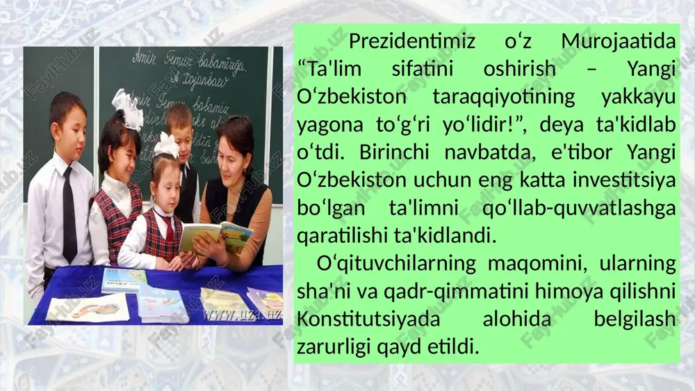 sadlariga qaratilgan edi. maktabgacha va maktab ta’lim muassasalari tarmog‘ini kengaytirish maktabgacha ta’lim muassasalari tarmog‘ini kengaytirish, ularning moddiy-texnik bazasini mustahkamlash va yangi bog‘chalarni qurish uchun 2017–2021-yillarda maktabgacha ta’lim tizimini yanada takomillashtirish dasturi hamda 2030-yilga qadar maktabgacha ta’lim bilan qamrov darajasini 80,8 foizga yetkazish maqsad qilingan maktabgacha ta’lim tizimini rivojlantirish konsepsiyasi tasdiqlandi. amalga oshirilgan islohotlar natijasida bolalarni maktabgacha ta’lim bilan qamrab olish darajasi 27,7 foizdan 62,4 foizga, mttlar soni 5211 tadan 19316 ga yetkazildi. mamlakatda prezident maktablari, maxsus iqtidorli bolalar maktablari, ijod maktablari va «temurbeklar maktabi» tashkil etildi. keng jamoatchilik va ota-onalarning fikr-mulohazalari asosida yurtimizda 11 yillik majburiy maktab ta’limi qayta tiklandi. oliy ta’lim tizimini isloh qilish mamlakatda oliy ta’lim tizimini isloh qilishning ustuvor yo‘nalishlarini belgilash, kadrlar tayyorlash jarayonini sifat jihatidan yangi bosqichga ko‘tarish, oliy ta’limni modernizatsiya qilish, ilg‘or ta’lim texnologiyalari asosida ijtimoiy soha va iqtisodiyot tarmoqlarini rivojlantirish maqsadida o‘zbekiston respublikasi oliy ta’lim tizimini 2030 yilgacha rivojlantirish konsepsiyasi tasdiqlandi. 2017–2021 yillarda oliy …