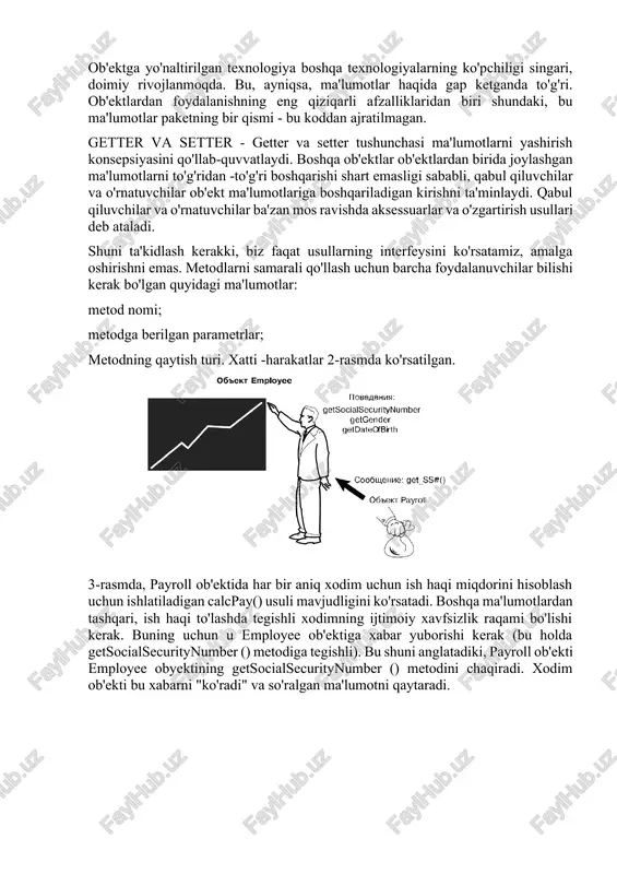 narsani ifodalaydi. protsedurali tillarda xatti-harakatlar protseduralar, funktsiyalar va kichik dasturlar bilan belgilanadi. obyektga yo'naltirilgan dasturlash terminologiyasida ob'ektlarning xatti-harakatlari metodlarda mavjud bo'lib, unga xabar yuborish orqali usul chaqiriladi. e'tibor bering, bizning employee misolimizda, xodimlar ob'ektining zarur xatti-harakatlaridan biri - har xil atributlar uchun qiymatlarni o'rnatish va qaytarishdir. shunday qilib, har bir atributda setgender () va getgender () kabi mos usullar bo'ladi. bunday holda, boshqa ob'ektga bunday ma'lumot kerak bo'lganda, u xodim ob'ektiga xabar yuborishi va uning gender atributining qiymatini bilib olishi mumkin. ob'ektga yo'naltirilgan texnologiya boshqa texnologiyalarning ko'pchiligi singari, doimiy rivojlanmoqda. bu, ayniqsa, ma'lumotlar haqida gap ketganda to'g'ri. ob'ektlardan foydalanishning eng qiziqarli afzalliklaridan biri shundaki, bu ma'lumotlar paketning bir qismi - bu koddan ajratilmagan. getter va setter - getter va setter tushunchasi ma'lumotlarni yashirish konsepsiyasini qo'llab-quvvatlaydi. boshqa ob'ektlar ob'ektlardan birida joylashgan ma'lumotlarni to'g'ridan -to'g'ri boshqarishi shart emasligi sababli, qabul qiluvchilar va o'rnatuvchilar ob'ekt ma'lumotlariga boshqariladigan kirishni ta'minlaydi. qabul qiluvchilar va o'rnatuvchilar …