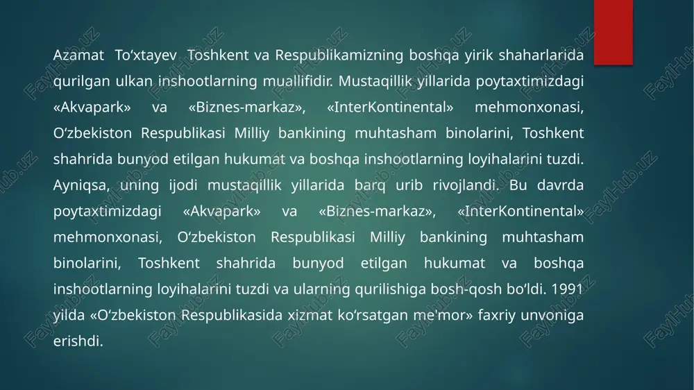 ‘z ichiga olgan yirik majmua. bu yerda oʻzbek sanʼati obʼyektlarining boy taʼmi makonning oʻta zamonaviy interyeriga hamohang tarzda mos tushadi. bu yerda o‘zbekistonning eng mashhur dekorativ-amaliy san’ati ustalarining mualliflik asarlari doimiy ko‘rgazmalarda namoyish etilmoqda. san’at markazi eksponatlari orasida kulolchilik, shoyi matolar, tabiiy jundan gilamlar, zarb va metall quyish, bo‘rtma naqshlar, badiiy rangtasvir, yog‘och o‘ymakorligi, charm buyumlar va boshqa ko‘plab buyumlar o‘rin olgan. e`tiboringiz uchun rahmat image6.png image7.png image8.png image9.png image10.png image11.png image12.jpeg image13.jpeg image14.jpeg image15.png image16.jpeg image17.jpeg image18.jpeg image19.jpeg image20.png image21.png image22.png image23.png image24.png image25.png image2.png image3.png image4.png image5.png € > cg) @ arboblar.uz/ru/people/tukhtaev-azamat-ramzetdinovich aex +06 @ asnasuners @ ansecc m gmail |b youtube bm kapre: nonck geatenen © pyccxuin v tyxtaepb al 1946 roy talukeht > mogenuteca buorpacdua 10:41:27 02.12.2023 ii ie w d sy <2) bowrwits tashrent=euaza ~— ou —— = centeress = /docprops/thumbnail.jpeg