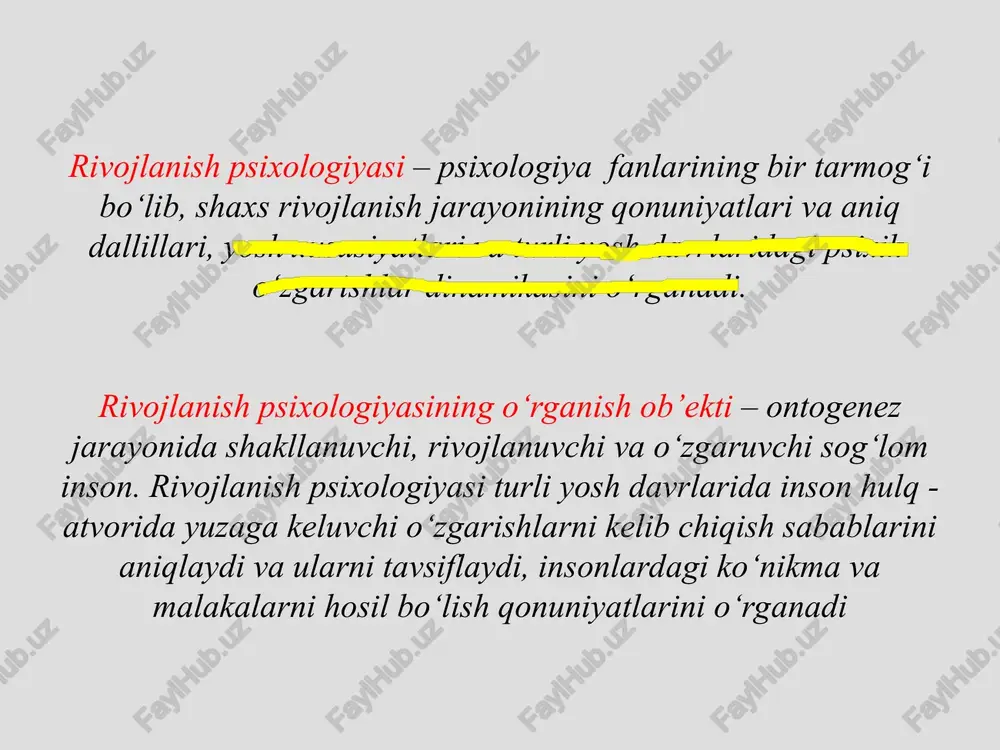 nishiga ta’sirini o’rganishga alohida e’tibor qaratadi rivojlanish psixologiyasining tadqiqot metodlari kuzatish- psixik xususiyatlarni uzoq vaqt davomida, rejali,biror maqsad asosida o’rganish. rivojlanish psixologiyasida bu metodning ob’ektiv va sub’ektiv kuzatish turlari bor. inson psixikasidagi o’zgarishlarni kuzatish uchun quyidagilar amalga oshiriladi: kuzatishning maqsadi, vazifasi belgilanadi kuzatiladigan ob’ekt tanlanadi sinaluvchining yoshi, jinsi aniqlanadi tadqiqot o’tkazish vaqti rejalashtiriladi kuzatish qancha davom etishi qat’iylashtiriladi kuzatish insonning qaysi faoliyatida ( o’yin, o’qish, mehnat, sportda) amalga oshirilishi tavsiya qilinadi kuzatishning shakli ( yakka, guruh, jamoa bilan o’tkazilishi ) tayinlanadi kuzatilganlarni qayd qilib borish vositalari ( kundalik, kuzatish varaqasi va boshqalar) taxt qilinadi * eksperiment metodi- tabiiy va labaratoriya eksperimenti turlariga bo’linadi. tabiiy eksperiment- ( birinchi marta 1910 yilda a.f.lazurskiy taklif etgan) mo’ljallanganiga ko’ra, eksperiment o’tkazilayotganini biladigan sinaluvchida hosil bo’ladigan zo’riqishga yo’l qo’ymasligi va tadqiqotni odatdagi, tabiiy sharoitlarga ( dars, suhbat, o’yin, uy vazifalarini bajarish va boshqalar) ko’chirishi lozim. masalan, materialni yodlashning samaradorligi uni uzoq vaqt xotirada saqlab qolish …