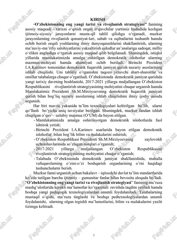 izning asrlar davomida to‘plagan hayotiy tajribalari, diniy, axloqiy, ilmiy qarashlarini sinchiklab o‘rganish, ulardan o‘zbekiston mustaqilligini mustahkamlash, mamlakatimizni buyuk davlatlar qatoriga ko‘tarishda, xalq farovonligini yuksaltirishda foydalanish muqaddas vazifadir. chunki o‘zbekiston respublikasining birinchi prezidenti i.a.karimov ta’kidlaganidek, “...kim bo‘lishidan qat’i nazar, jamiyatning har bir a’zosi o‘z o‘tmishini yaxshi bilsa, bunday odamlarni yo‘ldan urish, har xil aqidalar ta’siriga olish mumkin emas. tarix saboqlari insonni hushyorlikka o‘rgatadi, irodasini mustahkamlaydi”[footnoteref:1]. demak, o‘zligini tanigan, tarixiy tajribadan chuqur saboq olgan fuqarolariga ega bo‘lgan davlatni tanlagan yo‘lidan qaytarib bo‘lmaydi. bunday davlatda tinchlik, taraqqiyot, farovonlik barqaror bo‘ladi. [1: karimov i.a. tarixiy xotirasiz kelajak yo’q. –t., 1998. –b. 4-5.] o‘zbekiston mustaqillikni qo‘lga kiritilishi tufayli o‘zbek xalqi davlatchiligi tarizida yangi davr – mustaqillik davri boshlandi. o‘zbekiston bugungi kungam kelib dunyo siyosiy xaritasidagi tenglar ichra teng davlat sifatida o‘zining munosib o‘rnini egalladi. mustaqillik uzoq yillar mustamlakachilik zulmining achchiq damlarini boshidan kechirgan o‘zbek xalqi hayotida yangi istiqbolli davrni boshlab berdi. istiqlol har bir vatandoshimizning …