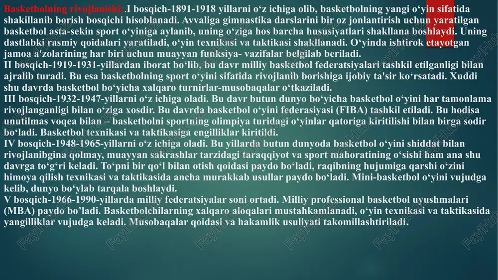 ‘yinlar qatoriga kiritilishi bilan birga sodir bo‘ladi. basketbol texnikasi va taktikasiga engilliklar kiritildi. iv bosqich-1948-1965-yillarni o‘z ichiga oladi. bu yillarda butun dunyoda basketbol o‘yini shiddat bilan rivojlanibgina qolmay, muayyan sakrashlar tarzidagi taraqqiyot va sport mahoratining o‘sishi ham ana shu davrga to‘g‘ri keladi. to‘pni bir qo‘l bilan otish qoidasi paydo bo‘ladi, raqibning hujumiga qarshi o‘zini himoya qilish texnikasi va taktikasida ancha murakkab usullar paydo bo‘ladi. mini-basketbol o‘yini vujudga kelib, dunyo bo‘ylab tarqala boshlaydi. v bosqich-1966-1990-yillarda milliy federatsiyalar soni ortadi. milliy professional basketbol uyushmalari (mba) paydo bo’ladi. basketbolchilarning xalqaro aloqalari mustahkamlanadi, o‘yin texnikasi va taktikasida yangilliklar vujudga keladi. musobaqalar qoidasi va hakamlik usuliyati takomillashtiriladi. 1934 yilning 19 oktyabrida komitet basketbolni olimpiada o’yinlari dasturiga kiritish to’g’risidagi yozgi olimpiada o’yinlari sovrindorlari umumjamoa hisobida taklifni (buni qarangki, o’shanda xali xbf xoq tomonidan tan olinmagan edi) ma’qullash yuzasidan o’zining yalpi majlisida qaror qabul qiladi. shundan keyin 1935 yilning 28 fevralida xoqning oslo shahrida bo’lib o’tgan sessiyasi …