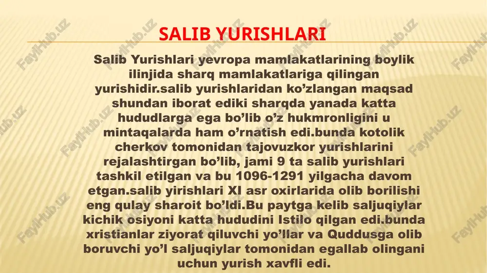 ar, jumladan, frensis assisi quddusni kuchli va mag'rurlar emas, balki zaif va gunohsizlar ozod qilishlari mumkinligini e’lon qiladi.stefan islmli bola tush kuradi, go’yoki iso alayhisalom uni quddusga olib borganini da’vo qilib fransiyaning marsel shahri portiga bolalrni to’playdi. muqaddas yurtga borish va uni qurol kuchi bilan emas, faqat xudoning yordami bilan ozod qilish uchun shaharlarda to'plangan bolalar olomon bo’lib to’planishadi. 1212-yilda germaniyadagi reynlandiyadan minglab bolalar janubga to‘planib, alp tog‘larini kesib o‘tib genuyaga yetib kelishdi. u yerdan turli tomonlarga tarqalib ketishdi: ba'zilari italiyaning janubiga ko'chib o'tishdi, boshqalari marselga ketishdi, boshqalari esa uyga qaytishga harakat qilishdi. yo'lda ko'pchilik ochlik va tashnalikdan vafot etadi. genuya va marselda savdogarlar bolalarni falastinga olib borish uchun kemalarga olishadi. bo'ron ostida qolgan ba'zi kemalar cho'kib ketdi, qolganlari shimoliy afrika qirg'oqlariga etib olishdi. bu yerda tirik qolgan bolalar qullikka sotilgan. 19 salibchilarning davlatlari xii-xiii -asrlarda yaqin sharq va anadoluda salibchilar tomonidan bosib olingan hududlarda yangi mustamlaka mulklar tashkil etishadi. …