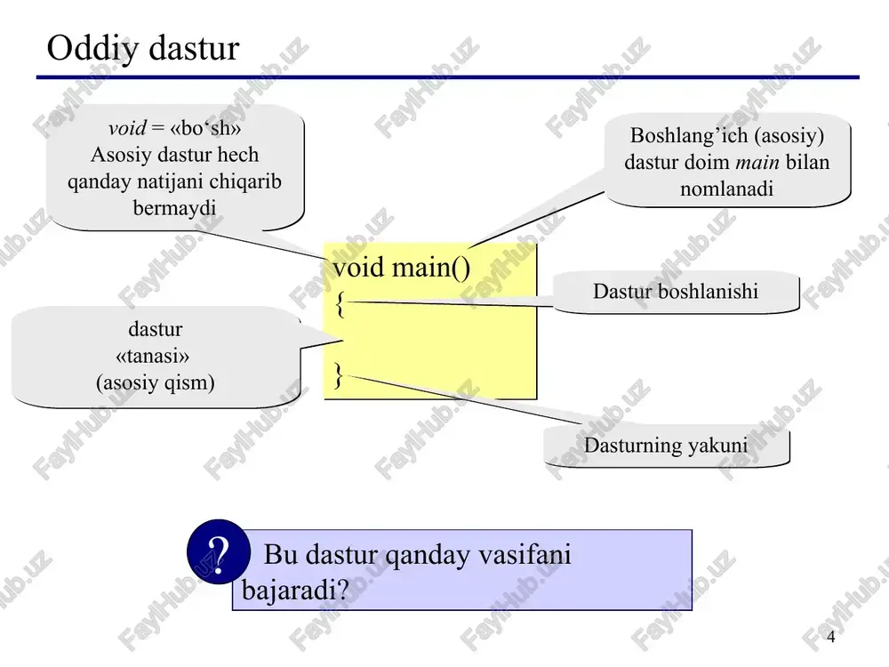 double tipiga tegishli bo'ladi. amallarda tiplarni avtomatik keltirish. * tiplar bilan ishlovchi amallar http://acm.tuit.uz/forum masalan: int x = 1.7+1.8; int y = (int)1.7+(int)1.8; bu amallar bajarilishi natijasida x o'zgaruvchi qiymati 3 ga y o'zgaruvchi qiymati 2 teng bo'ladi. int a = 1/3; //0 float a = 1.7+1.8; float b = (float)1/3; 0.333333333 * o'zgaruvchilarni dasturning ixtiyoriy qismida qayta ta'riflash mumkin. misol uchun: int a, b1, ac; yoki int a; int b1; int ac; o'zgaruvchilar ta'riflanganda ularning qiymatlari aniqlanmagan bo'ladi. lekin o'zgaruvchilarni ta'riflashda initsializatsiya ya'ni boshlang'ich qiymatlarini ko'rsatish mumkin. misol uchun: int i = 0; char c = ’k’; o'zgaruvchilarni e'lon qilish va qiymat berish * typedef ta'riflovchisi yangi tiplarni kiritishga imkon beradi. misol uchun yangi cod tipini kiritish: typedef unsigned char cod; cod simbol; yangi tip kiritish * #include - c tilida kiritish/chiqarish. #include - c++ tilida kiritish / chiqarish #include - standart funksiyalar uchun #include - kiritish/chiqarishni nazorat qilish …