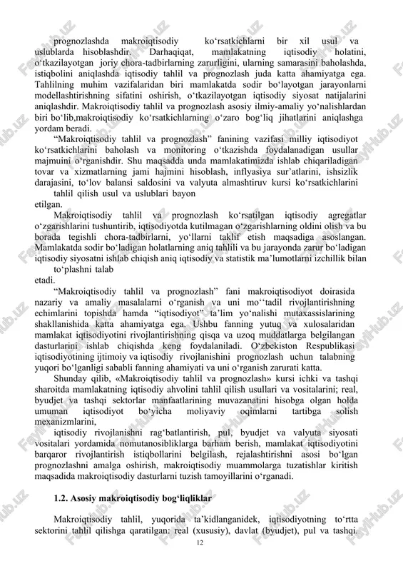 etuvchi byudjet, soliq, pul- kredit siyosatlari, to‘lov balansi va tashqi qarzni tahlil qilayotganda asosiy konsepsiyalar, soliq sohasi, davlat xarajatlari va kapital qarz siyosati bilan tanishtirishdan hamda makro ko‘rsatgichlarni prognozlashdan iborat. faning mazmuni– makroiqtisodiy tahlil va prognozlashning paydo bo‘lishi, rivojlanishi bosqichlari va xususiyatlari, uslubiyoti va usullari, makroiqtisodiy ko‘rsatkichlar axborot ob’ekti, makroiqtisodiy jarayonlarning iqtisodiy tahlili, byudjet, soliq, pul, kredit siyosati, to‘lov balansi, bandlik, ishsizlik va inflyasiya darajasidagi o‘zgarishlar va ular rivojlanish qoidalarining takomillashuvining nazariy va amaliy asoslarini o‘rgatadi. makroiqtisodiy tahlilning asosiy bo‘limlari quyidagilar: makroiqtisodiy tahlil va prognozlashtirishning uslubiy asoslari, makroiqtisodiy jarayonlarning iqtisodiy tahlilini o‘rganish, uni yanada rivojlantirish, takomillashtirish, mavjud imkoniyatlardan to‘liq foydalanish, erishilgan muvaffaqiyatlarni keng yoyish va yo‘l qo‘yilgan kamchiliklarning sabablarini o‘rganish hamda ularni imkoni boricha tugatishga yordam berishdan iborat. shunday qilib, makroiqtisodiy tahlilning vazifalariga quyidagilar kiradi:  iqtisodiy tahlil va prognozlashning ilmiy asoslari o‘rganish;  makroiqtisodiy tahlilning uslubiyoti va usullari har tomonlama o‘rganish;  makroiqtisodiy tahlil va prognozlashning axborot ta’minotini mustahkamlash …