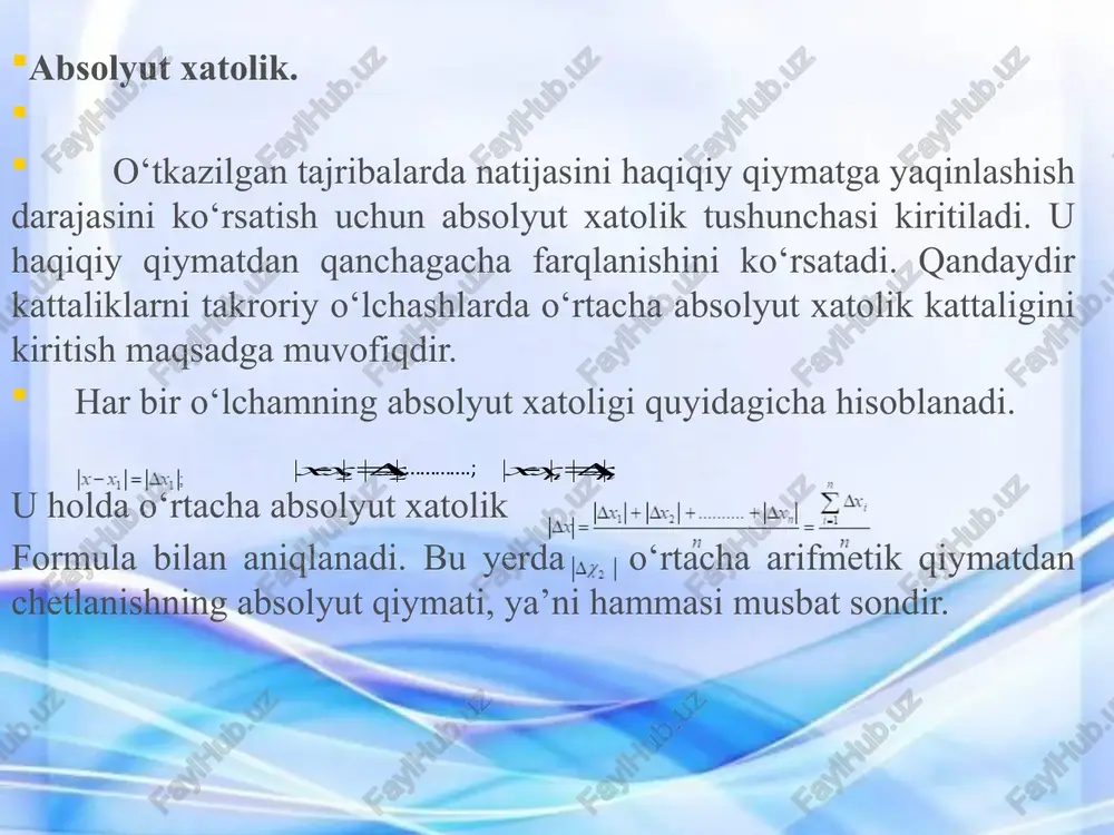 paydo bo’ladigan tovushlarni eshitish auskultatsiya deyiladi ishlatiladigan asboblar: ● stetoskop ● forendoskop eshitish qobiliyatini tekshirish usuliga audiometriya deb ataladi tekshirishda oktavalar orasidagi chastotalarda eshitiluvchanlik bo’sag’asi egri chizig’ining nuqtalari aniqlanadi. eshitish qobiliyatining pasayganligi normal egri chiziqqa taqqoslash yo’li bilan aniqlanadi. hosil qilingan grafik audiogramma, asbob esa audiometr deyiladi. oktava – bu shunday ton balandligining intervalidirki, undagi chetki chastotalar nisbati 2 ga tengdir. shovqin shovqin zarari uning chastotasiga bog’liqdir. yuqori chastotali shovqinlar past chastotali shovqinlarga qaraganda zararliroqdir. yuqori darajali shovqinlarning ruhsat etilgan darajasi 75-80 db. normal ruxsat etilgan shovqin darajasi 40-50 db. past chastotali shovqinlar uchun 90-100 db shovqin qattiqligini o’lchash uchun maxsus asboblar – shumomerlar ishlatiladi. u tovush tebranishlarini elektrk tebranishlarga aylantirib beruvchi mikrofondan, kuchaytirgich, to’g’irlagich va detsimetrlarda darajalangan mikroampermetrdan iborat. chastotasi 20 kgs dan katta bo’lgan, bo’ylama to’lqin sifatida tarqaluvchi elastik tebranishlarni ultratovush deyiladi dut >> dt ni hisobga olganda amalda qo’llaniladigan ultratovush intensivligi tovush intensivligidan bir muncha kattaroqdir. ultratovushning …