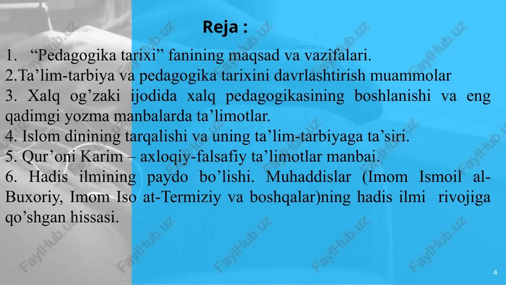 ari rivoji (eng qadimgi davrlardan hozirgi kungacha). 15 biroq pedagogika tarixini insoniyat tarixi bilan bog’liqlikda o’rganish maqsadida quyidagi tarzda davrlashtish maqsadga muvofiq: 1. eng qadimgi davrlardan vii asrgacha ta’lim-tarbiya va pedagogik fikrlar; 2. vii asrdan xiv asrning birinchi yarmifacha o’rta osiyoda tarbiya, maktab va pedagogik fikrlar; 3. sharq uyg’onish davrida pedagogik fikrlarning rivojllanishi; 4. xiv asrning ikkinchi yarmi va xvi asrda movaraunnahrda tarbiya va maktab; 16 5. xiv asrning ikkinchi yarmi va xvi asrda movaraunnahrda pedagogik fikrlar rivoji; 6. xvii asrdan xix asrning birinchi yarmigacha tarbiya, maktab va pedagogik fikrlar rivoji; 7. xix asrning 2-yarmi – xx asr boshida turkiston o’lkasida tarbiya, maktab va pedagogik fikrlar; 8. 1917-1991 yillarda o’zbekistonda ta’lim tizimi va pedagogik fikrlar rivoji; 9. mustaqil o’zbekiston ta’lim tizimi. mustaqillik yillarida pedagogik fikrlar rivoji; 10. eng qadimgi davrlardan xix asrning birinchi yarmida jahon pedagogika fanining rivojlanish tarixi; 11. xix asrning 2-yarmi – xx asrda jahon pedagogika faning rivoji; …