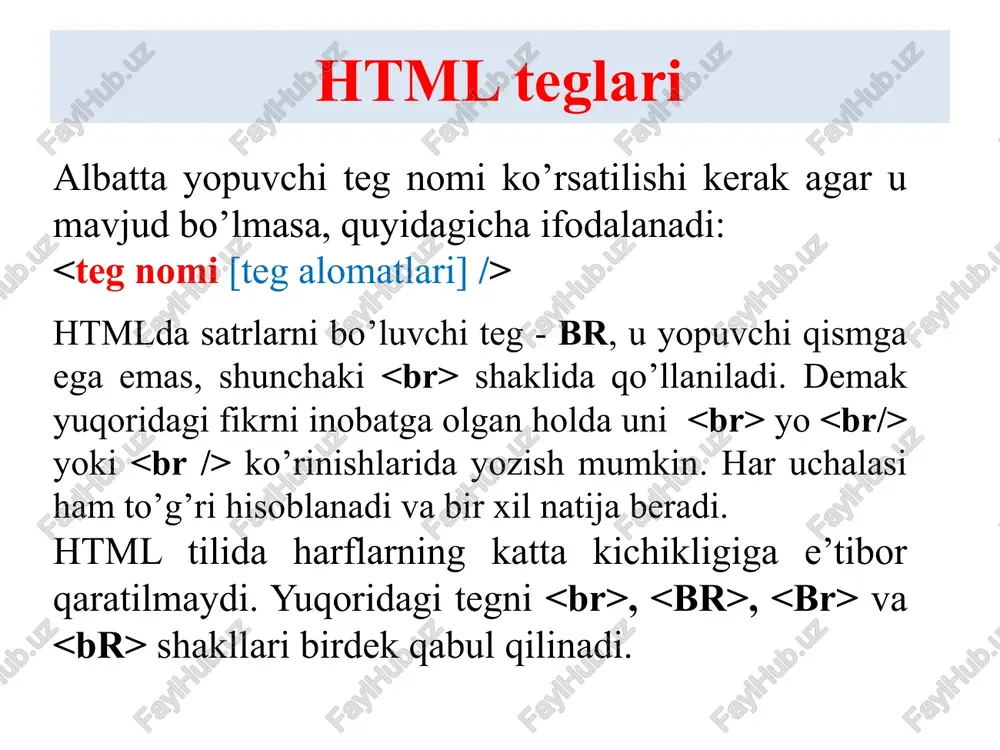 chapda joylashgan bo’limlarni aside tegi ichida yozilishi kerak. web sahifaning asosiy, takrorlanmaydigan, urg’u beriladigan qismi main tegi ichida yozilishi lozim. ushbu teg bitta sahifa uchun yagona bo’lishi va mos ishorat bo’yicha o’ziga xos ma’lumotni ichiga olishi shart. sahifaning asosiy maqola chiqadigan qismi article tegida berilishi kerak. holat sarti, dasurlovchilarning mualliflik huquqi, sayt qachon tashkil topgani va shunga o’xshash ma’lumotlar footer tegi da joylanishi talab etiladi. boshqa zarur bo’ladigan bo’laklarning teglari section yordamida ajratilishi kerak. sahifaning asosiy qismi matnlarni joylashtirishda bir muxim narsaga e’tibor qaratishimiz kerak. barcha teglar, xususan matnga shakl beruvchi va uning qanday akslanishini aniqlovchilar ham, ikki toifaga bo’linadi: blokli va satrli teglar. blokli teglar shunisi bilan farqlanadiki, ular o’zi joylashgan element maydonining barcha kengligini egallaydi, balandligi esa ichidagi ob’ektdarga bog’lik ravishda aniqlanadi, shu bilan birga doim yangi qatordan boshdanadi. shuning uchun matnning davomidan ulanuvchi satrni blokli teglarga olinmaydi. image1.png image2.jpeg image3.png 1) html huijjati uchun belgilar kodlashini belgilaydi. …