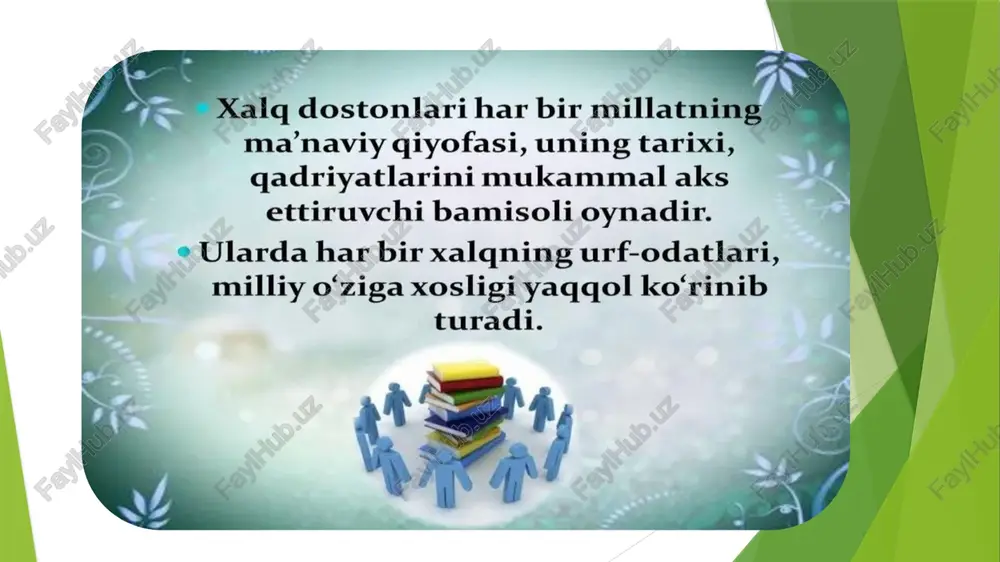 asr uning juda rivojlangan davri boʻlgan ? 6. dostondagi sheʼrlarda boʻgʻinlar sonining oz-koʻpligi sababini tushuntiring ? 7. yurtimizda dostonchilikni rivojlantirish, baxshilar ijodini qoʻllab-quvvatlash uchun nima ishlar qilinyapti ? 8. ishqiy -qahramonlik dostonlari deganda, qanday asarlarni tushunasiz ? 9. oʻzbek dostonlarining yakunlovchi qismiga xos xususiyat nima ? 10. ishqiy -sarguzasht va ishqiy-qahramonlik dostonlarining farqi nimada ekanligini tushuntiring ? image1.jpeg image2.jpeg image3.jpeg image4.jpeg image5.jpeg image6.jpeg image7.jpeg image8.jpeg image9.jpeg image10.jpeg image11.jpeg image14.jpeg image15.jpeg xalq dostonlari har bir millatning ma’naviy giyofasi, uning tarixi, gadriyatlarini mukammal aks ettiruvchi bamisoli oynadir. ularda har bir xalqning urf-odatlari, milliy o‘ziga xosligi yaqqol ko‘rinib turadi. a zb oefen.ii: avshan” dostoni uz bs , xalq_ogzaki jod! ; | kustamxon i " > or ( é '¢ tsaeb sutuuo}sop je[wwses seprat /docprops/thumbnail.jpeg shiver pepucoaa iverarer fhlocooha ican ocitst: obex tl! ste) tin 25¢.0uruh rus tau