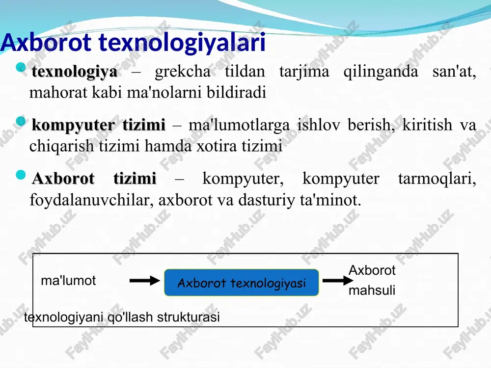 g eng muhim shartlaridan biri hisoblanadi. o'zbekiston respublikasi konstitutsiyasi, 29-modda. har kim fikrlash, so'z va e'tiqod erkinligi huquqiga ega. har kim o'zi istagan axborotni izlash, olish va uni tarqatish huquqiga ega… o'zbekiston respublikasi konstitutsiyasi, 30-modda. o'zbekistonrespublikasining barcha davlat organlari, jamoat birlashmalari va mansabdor shaxslari fuqarolarga ularning huquq va manfaatlariga daxldor bo'lgan hujjatlar, qarorlar va boshqa materiallar bilan tanishib chiqish imkoniyatini yaratib berishi lozim. o'zbekiston respublikasi konstitutsiyasi, 35-modda. har bir shaxs bevosita o'zi va boshqalar bilan birgalikda vakolatli davlat organlariga, muassasalariga yoki xalq vakillariga ariza, taklif va shikoyatlar bilan murojaat qilish huquqiga ega. * axborotlashtirish sohasidagi asosiy me'yoriy-huquqiy hujjatlar o'zbekiston respublikasining 10 dan ortiq qonuni; o'zbekiston respublikasi prezidentining 3 ta farmoni; o'zbekiston respublikasi prezidenti va o'zbekiston respublikasi vazirlar mahkamasining 40 dan ortiq qarorlari hamda 1000 ga yaqin sohaga oid me'yoriy hujjatlar ishlab chiqilgan. axborotlashtirish sohasidagi asosiy qonunlar * axborot-kutubxona faoliyati to'g'risida (2011 y.) elektron to'lovlar to'g'risida (2005 y.) elektron tijorat to'g'risida …