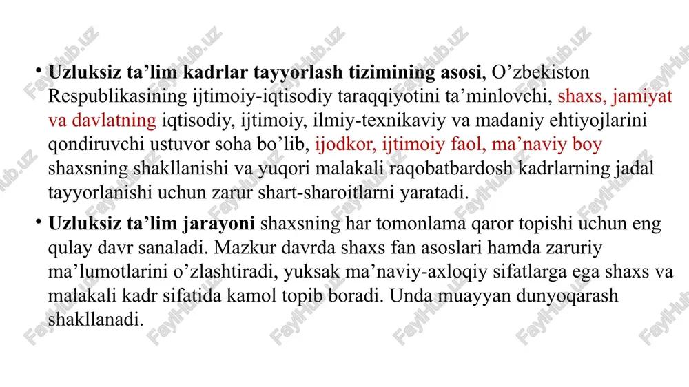 an shakli | ‘ma’lumot - ta’lim-tarbiya natijasida o‘zlashtirilgan va tizimlashtirilgan bilim, hosil qilingan ko‘nikma va malakalar hamda tarkib topgan dunyogarash majmui rivojlanish - shaxsning fiziologik va intellektual o‘sishida namoyon bo‘ladigan miqdor va sifat o'zgarishlar mohiyatini ifoda etuvchi murakkab jarayon /docprops/thumbnail.jpeg amar basan ch ti uma ota va ofa mats lng tayanch sgl ia