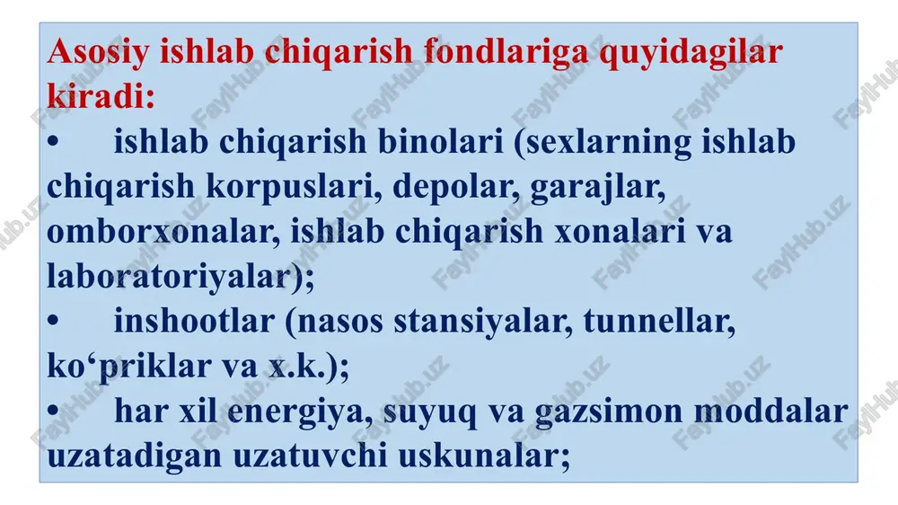 18750 so‘mni tashkil qiladi. transformator ning amortizatsiya ajratmasi 50000/8 = 6250so‘m. 5 yil davomida 31250 so‘mlik qiymatini tayyor maxsulotga o‘tkazgan 6250*5 = 31250 so‘m. qoldik qiymat 50000 - 31250 =18750 so‘m. asosiy vositalarning korxona balansi va xisobotlarida aks ettiriluvchi, xisobga olish qiymati balans qiymati deb ataladi. asosiy vositalarning qoldik qiymatini asosiy vositalar balans qiymatidan eskirish summasini ayirib topish mumkin. asosiy fondlarning tugatilish qiymati bu - ishlab chiqarishdan chiqarilgan (tugatilgan, yo‘q qilingan, lom) qiymatidir. iqtisodiy ko‘rsatkichlarni xisoblash uchun asosiy fondlarning o‘rtacha yillik qiymati xisoblanadi. bu yerda: fo’r - asosiy fondlarning o‘rtacha yillik qiymati; fy.b- asosiy fondlarning yil boshiga qiymati (balans); fk - kiritilgan asosiy fondlar qiymati; fch- fondlarning tugatilish, ishlab chiqarishdan chiqarilish qiymati; n1- asosiy fondlarni kiritilgandan boshlab oylar soni; n2- asosiy fondlarni chiqarilgandan boshlab oylar soni. 2.2. asosiy fondlarning yemirilishi va amortizatsiyasi. asosiy fondlar jismoniy va ma’naviy jixatdan eskirishi mumkin. jismoniy (moddiy) eskirish - asosiy fondlarning birlamchi xislatlarini ishlab chiqarishda …