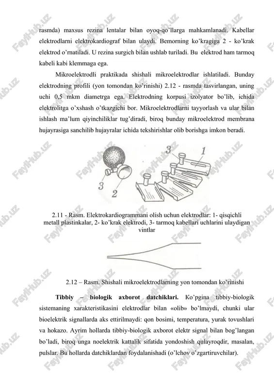 tuzilma datchik deb aytiladi. o’lchanuvchi kattalik keltirib ulangan, yani o’lchov zanjiridagi birinchi datchik-birlamchi deyiladi. tibbiyot elektronikasi uchun faqat o’lchanuvchi yoki tekshiluvchi noelektrik kattaliklarni elektr signalga aylantiruvchi datchiklar ko’rib chiqiladi. boshqa turdagi signallarga qaraganda elektr signaldan foydalanish eng qulaydir, chunki elektron tuzilmalar uni nisbatan murakkab bo’lmagan holda kuchaytirib berish, masofaga uzatish va qayd qilish imkonini beradi. generatorli va parametrik datchiklar mavjud. o’lchanuvchi signal tasirida bevosita kuchlanishni yoki tokni generatsiyalaydigan datchiklar-generatorli datchiklar deyiladi. bunday datchiklarning bazi turlarini va ular asosidagi hodisalarni ko’rsatamiz. 1) pezoelektrik datchiklar – pezoelektr effekti; 2) termoelektrik datchiklar – termoelektr hodisasi; 3) induktsion datchiklar – elektromagnit induktsiya 4) fotoelektrik datchiklar – fotoeffekt hodisalarga asoslangandir. parametrik datchiklar – shunday datchiklarki, ularda o’lchanuvchi signal tasirida birorta parametr o’zgaradi. bunday datchiklarning bazilarini va ular yordamida o’lchanuvchi parametrni ko’rsatamiz: 1) sig’imli datchik-sig’im; 2) reostatli datchik – omik qarshilik; 3) induktivli datchik – induktivlik yoki o’zaro induktivlikni o’lchaydi. axborotni tashuvchi energiyaga ko’ra datchiklar: mexanik, …