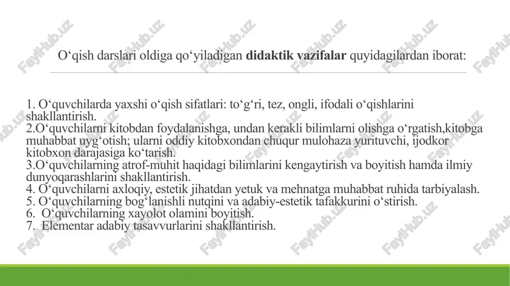 a’nosini izohlash usullarini aniqlash. 3. vazifalarni aniq va tushunarli qilib berish. 4. matnni diqqat-e’tibor bilan o‘qishlari uchun sharoit yaratish. 5. oldin ichda o‘qitish, so‘ng ovoz chiqarib o‘qitish. 6. o‘qitishda o‘quvchilaming individual xususiyatlarini hisobga olish, ya’ni matnni oson, o‘rtacha qiyinlikda va qiyin o‘qiladigan o‘rinlarini belgilab olib, unga kuchi yetadigan o‘quvchilarga oldindan taqsimlab berish. 7. o‘quvchilarning o‘qishini muntazam tekshirib turish. 8. xatoning xarakteriga qarab, uni metodik tomondan to‘g‘ri tuzatish yo‘lini aniqlash. 9. o‘quvchilarni xato qilish mumkin bo‘lgan o‘rindan ogohlantirib turish. 10. xatcho‘pdan foydalanish. 11. xato o‘qish o‘quvchining shaxsiy ko‘ruv sezgisiga bog‘liq bo‘l-sa, bu jihatni ham hisobga olish. maqollarni yod oldirish va matnni o‘qish tezligi bir daqiqada o‘qiladigan so‘zlar soni bilan belgilanadi. o‘qish dasturida 1-sinfda o‘qish sur'ati 20-25 so‘z, 2-sinfda 30-35 so‘z; 3-sinfda 40-50 so‘z; 4-sinfda 55-60 so‘zli matnni o‘qiy oladi. o‘qish tezligi to‘rt yil davomida to‘g‘ri va ongli o‘qish bilan bog‘liq holda asta ortib boradi. o‘qish tezligini tekshirganda o‘qituvchi o‘qiladigan materialning xarakterini, …
