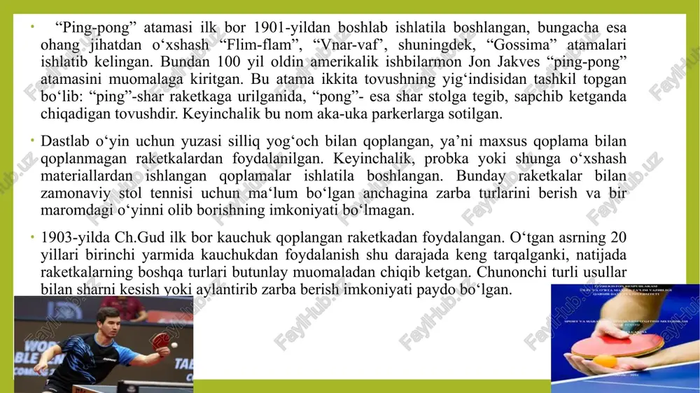tlarda tez tempda o‘ynaydiganlarni tayyorlash samarali ravishda yo‘lga qo‘yilgan. o‘yin jihozlari (raketka, shar) hozirgi kunda ham o‘zgarishda davom etmoqda va bu hol zarbalar texnikasi hamda o‘yin sur’atining rivojlanishiga ta’sir ko‘rsatib kelmoqda. ittf 1926-yilning yanvar oyida berlinda 9ta davlat ishtirokida tuzilgan va birinchi bosh direktor etib, oyvor mantegu tayinlangan. o‘sha yili londonda bo‘lib o‘tgan birinchi kongressda ittfning nizomi tasdiqlangan va shtab-kvartira qilib lozanna (shveysariya) shahri belgilangan. aynan shu vaqtdan boshlab stol tennisi bo‘yicha har yili jahon chempionati o‘tkazish yo‘lga qo‘yilgan (1940-1946 yillar bundan mustasno). faqat 1957-yildan keyingina jahon chempionati har ikki yilda bir marotaba o‘tkaziladigan bo‘ldi. jahon chempionatlari oralig‘ida qit‘alar chempionatlari o‘tkaziladi. xalqaro olimpiya qo‘mitasining 1981-yilda o‘tkazilgan 84-sessiyasida stol tennisi olimpiya o‘yinlariga loyiq deb qabul qilingan va 1988-yildagi (seul, j.koreya) yozgi olimpiya o‘yinlari dasturiga kiritilgan. shuningdek, mazkur sport turi 1960-yildayoq (rim, italiya) paralimpiya o‘yinlari dasturiga kiritilgan. eng muhim xalqaro musobaqalar: jahon chempionati, jahon kubogi, olimpiya o‘yinlari va jahon turniri. eng muhim …