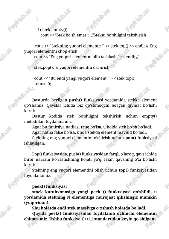 biz boshlang'ich uzunligini ko'rsatamiz. mana bu esa ikkinchi yo'l: vector v; // vektor yaratish vector_second.v(5); // vektor uzunligini ko’rsatish birinchi qator biz uchun allaqachon tanish. ammo ikkinchisida noma'lum so'z bor - reserve, bu biz kompilyatorga qancha yacheykadan foydalanishimiz kerakligini aytadigan funktsiya. shu o’rinda mantiqiy savol paydo bo’lishi mumkin: "bu ikki usulning farqi nima?".quyida ikkita vektorni yaratamiz va ularning yacheykalar sonini boshqacha ko'rsatamiz. #include #include // podklyuchili biblioteku using namespace std; int main() { vector v1(3); vector v2; v2.reserve(3); cout > vektor_nomi; misol uchun: vector > v; v.resize(10); vektorga vektorlarni qo'shishning yana bir usuli bor. ushbu usul uchun biz push_back () funksiyasidan foydalanamiz: vec.push_back(vector ()); ikki o’lchovli vektor quyidagicha initsializatsiya qilinishi mumkin: vector > v = {{1, 4, 7}, {2, 5, 8}, {3, 6, 9}}; vektorlar uchun aniqlangan metodlar: 1) size() va empty(); agar biz vektorning uzunligini bilishimiz kerak bo'lsa, bizga size() funksiyasi kerak. ushbu funksiya deyarli har doim for sikli …