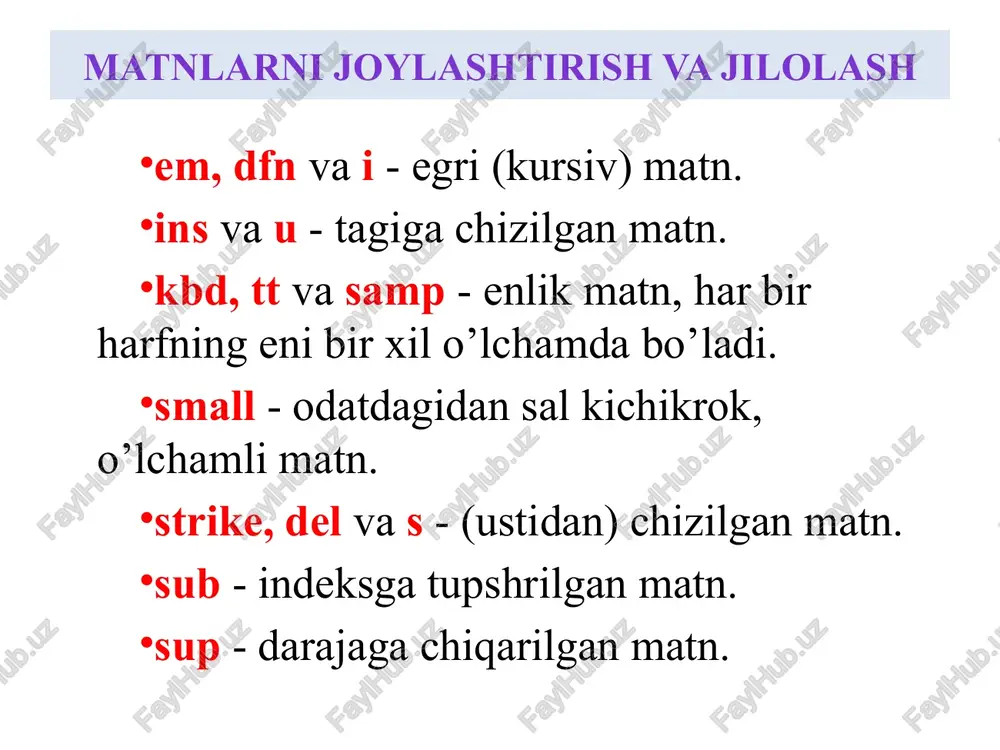 rqali olishingiz mumkin a tegi vazifasiga o’xshash vazifani bajaruvchi zamonaviy web dizaynerlikning ajoyib yutuqlaridan biri bo’lgan map tegi haqidagi ma’lumotlarni ushmu manzil orqali olishingiz mumkin https://youtu.be/r05xw2nai_m giper murojat image1.png image2.png image3.png image4.png image5.png image6.png image7.png image8.png image9.png image10.png image11.png image12.png image13.png image14.png snow fffafa ghostwhite f8f8ff antique white faebd7 cream fffbfo peachpuff ffdab9 navajo white ffdead comsilk fff8dc ivory fffffo lemon chiffon fffacd seashell fffsee honeydew fofffo azure foffff lavender e6e6fa lavender blush fffofs misty rose ffe4e1 white (*) ffffff bebebe a gray cococo dark gray 808080 light slate blue 8470ff royal blue 4169e1 sky blue 87ceeb light sky blue 87cefa light steel blue boc4de light blue ag6cafo powder blue boeoe6 pale turquoise afeeee turquoise 40e0do cyan (*) ooffff light cyan eoffff aquamarine 7fffd4 seagreen s4ff9of pale green 98fb98 spring green ooff7f medium green coodcco chartreuse tfff00 green yellow adff2f lime green 32cd32 yellow green 9acd32 forest green foe68c pale …