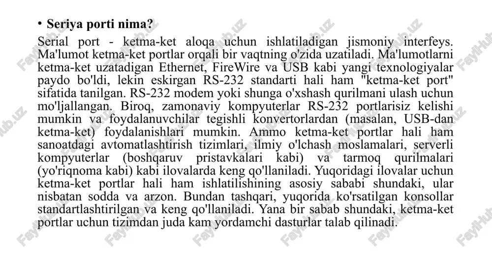 taqil ravishda ishlaydi. dasturlashtiriladigan parallel interfeys mikroprotsessorga uchta shinali tizim orqali ulanadi: manzil shinasi (a0, a1 manzilli kirishlar orqali), ma'lumotlar shinasi sd (d0, ... kirishlari orqali, d7) va boshqaruv shinasi (th, zap, sat kirishlari orqali). kirish-chiqarish kiritish (chip tanlash) tashqi qurilmalar dekoderining signali orqali chip (mikrosxema) ishlashini ta'minlash uchun ishlatiladi. parallel interfeysning (ppi) tashqi qurilmalar bilan ulanishi raqamli diskret chiqishlar orqali amalga oshiriladi, ular bayt-bayt portlarga guruhlangan (bitta portda sakkizta, masalan, b0, b1, ..., b6, b7). analog datchiklardan signallarni kiritish uchun ushbu portlarga analog-raqamli o’zgartkichlar o'rnatilgan va signallarni analog aktuatorlarga uzatish uchun - raqamli-analog o’zgartkichlar o'rnatilgan. dasturlashtiriladigan ketma-ket interfeys kr580bb51 (i8251) - bu mp va tashqi qurilmalar o'rtasida ketma-ket formatda almashinuvni tashkil qilish uchun mo'ljallangan universal sinxron-asinxron qabul qiluvchi (usart). universal sinxron-asinxron qabul qiluvchi 8-bitli mp ma'lumotlar shinasidan ma'lumotlarni oladi va uni ketma-ket formatda periferik qurilmaga uzatadi yoki periferik qurilmadan ketma-ket ma'lumotlarni oladi va mpni uzatish uchun parallel shaklga o'tkazadi. …