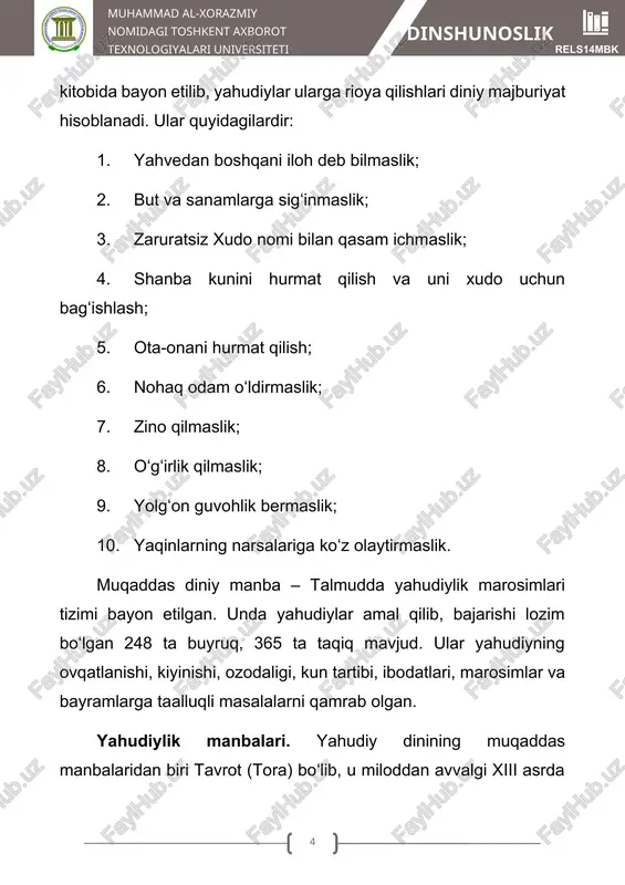 ʻrin olgan. “chiqish” kitobida muso paygʻambarning tugʻilishi, hayoti, misr fir'avni tomonidan qattiq zulmga tortilgan yahudiylarni yahve amri bilan ozod etgani, unga tur togʻida yahve tomonidan oʻnta “vasiyat” (zapoved-taqiq)ning berilishi bayon etilgan. yahudiylarning ibodatlari, rasm-rusumlariga taaluqli koʻrsatmalar berilgan. “levit” kitobi turli-tuman urf-odatlar va diniy marosimlarga oid koʻrsatmalarni oʻz ichiga oladi. unda xudo yoʻliga qurbonlik qilish, uni amalga oshirish tartibi, yahudiy xalqga hayvon va parrandalardan qaysilarining goʻshtini iste'mol qilish va iste'mol qilmaslik haqida koʻrsatmalar berilgan. “sonlar” kitobida yahudiy xalqning muso paygʻambar boshchiligida misrdan chiqqanining ikkinchi kuni ularga urushga yaroqli barcha erkaklarning hisobini olishga buyurdi. kitobda yahudiylarning misrdan chiqqan banu isroil qavmining muso paygʻambar bilan kechirgan hayotlari, tortgan qiyinchiliklari, olib borgan janglari, qabila, urugʻ avlodlarining asosiy namoyandalarining nomlari bayon etilgan. yahve musoga janglarda qoʻlga kiritilgan oʻlja va asirlarning hisobini olish va ularni qanday taqsimlash borasida koʻrsatmalar beradi. “ikkinchi qonun” kitobi 34 bobdan iborat. 27, 31, 34 boblaridan tashqari qismlari birinchi shaxs nomidan yozilgan. …