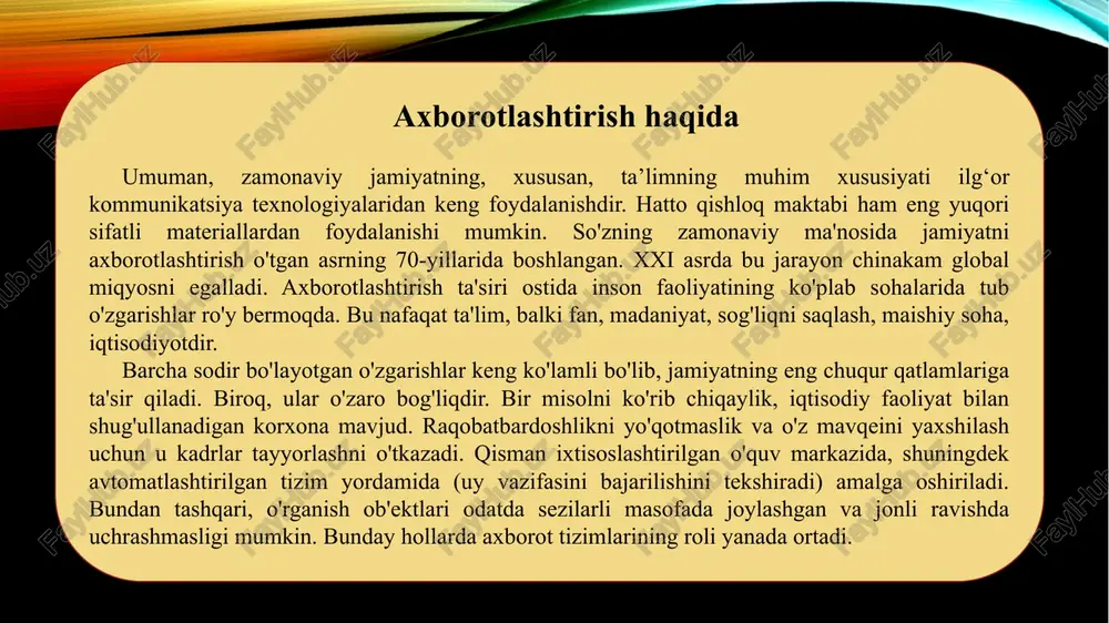 'rib chiqish. bu holat jamiyatning tez axborotlashuvi bilan bog‘liq. amalga oshirilayotgan o'zgarishlar nafaqat umumiy ta'lim va kasb-hunar ta'limiga, balki mavjud sharoitlarda odamlarning hayot va mehnatdagi xatti-harakatlarining yangi, yanada moslashuvchan modelini ishlab chiqishga qaratilgan. ta'limning globallashuvi xavfi ommaviy axborot vositalari uchun ham dolzarbdir. ular madaniy imperializm deb ataladigan shaklda ifodalangan. masalan, axborot va madaniy merosdan erkin foydalanish uchun kurash faollashtirilmoqda. bir tomondan, bu juda yaxshi. ammo boshqa tomondan, muhojirlarning sezilarli oqimi, ko'p millatlilik va multikulturalizm kuchayib borayotganini hisobga olsak, bu jamiyatda keskinlikning kuchayishiga olib keladi. misol tariqasida har yili yuz minglab muhojirlar yashash uchun qaytib keladigan rossiya federatsiyasini keltirish mumkin. shu munosabat bilan an'anaviy xulq-atvor modellari, aloqalari va qadriyatlarini o'zgartirish va yo'q qilish mavjud. bundan tashqari, zamonaviy ta’limning globallashuvi ham xalqaro miqyosda oliy ma’lumotli kadrlar va malakali kadrlar harakatchanligini oshirishga xizmat qilmoqda. rossiya federatsiyasida bu jarayon keng tarqalgan bo'lib "miya ketishi" sifatida tanilgan. u kimga o'xshaydi? o'rganayotgan odam bor. yaxshi natija …