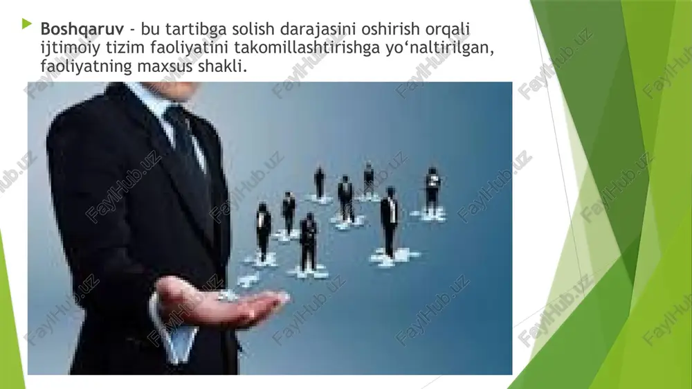 di, boshqalarni esa sababsiz, asoslanmagan holda haddan ortiq maqtab yuboradi. avtoretar o‘qituvchi nafaqat faoliyat va vazifalarning umumiy maqsadidni belgilab beradi, balki kim bilan kim ishlashini o‘zi tanlangan holda ularni bajarish usullarini ko‘rsatib beradi. vazifalar va ularni bajarish usullari bosqichma – bosqich o‘qituvchi tomonidan beriladi. demokratik uslubda shaxs emas, balki faktlar baholanadi. demokratik uslubning eng asosiy xususiyati – bu oldinda turgan ishning borishi va uning tashkil qilinishini guruh tomonidan faol muhokama qilinishidir. natijada, ishtirokchilarda o‘ziga bo‘lgan ishonch hissiyoti rivojlanadi, o‘z-o‘zini boshqarish rag‘batlantiriladi. bunday uslubda guruhda muloqotga kirishish va bir biri bilan o‘zaro ishonchli munosabatda bo‘lishi ortadi. rahbarlikning liberal (befarqlik) uslubining asosiy xususiyati shundan iboratki, pedagog bo‘lib o‘tayotgan jarayonlarga ma’sul bo‘lishdan deyarli chetda, ya’ni ularga befarq. tajribalardan ayonki eng yomon boshqaruv uslubi – bu liberal (befarqlik) uslubidir. buning ustiga ish jarayoni sust kechib, kam ish bajariladi. image1.jpeg image2.jpeg image3.jpeg image4.jpeg image5.jpeg image6.jpeg image7.jpeg image8.jpeg image9.jpeg image10.jpeg tol pa f nh 7) ss …