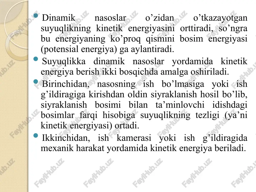 tepalikka ko’tarilishda, pastlikka tushishda va burilishlarda kam tajribali haydovchining boshqarishiga ham imkon beradi. korpusda ish g’ildiraklarining mumkin qadar yaqinlashtirilishi sababli qurilmalarda trubalar, spiral kameralar, diffuzorlarning zaruriyati bo’lmay qoladi, demak, bu qismlardagi gidravlik qarshiliklarga bo’ladigan sarf bartaraf qilinadi. teplovozlar, avtomobillar, traktorlarda, kuchli ventilyator va nasos uzatmalarida, kemachilikda va burg’ulash mashinalarida, yer qazish va yo’l mashinalarida, aviasiyada gidravlik uzatmalardan foydalaniladi. hozir deyarlik hamma zamonaviy metall ishlash stanoklari gidrouzatmalar bilan ta’minlangan. gidrouzatmalardan foydalanib bajariladigan turli-tuman harakat va operasiyalarni tushunish uchun hajmiy gidrouzatmalar haqida tushunchaga ega bo’lish zarur, ular haqida keyinroq to’xtalamiz. ishlash prinsipiga qarab gidravlik uzatmalar hajmiy va gidrodinamik turlarga bo’linadi. hajmiy gidravlik uzatmalar hajmiy nasoslar yordamida ishlaydi. gidrodinamik uzatmalar parrakli gidromashinalar yordamida ishlaydi. gidrodinamik uzatmalar bir oqimli va ikki oqimli bo’lishi mumkin. bir oqimli gidrodinamik hamma quvvat gidravlik g’ildiraklar orqali uzatiladi. ikki oqimli gidrodinamik uzatmalarda esa dvigatel: bir qismi gidravlik gildiraklar orqali, ikkinchi qismi esa mexanik yo`l bilan uzatiladi. hajmiy gidravlik uzatma …