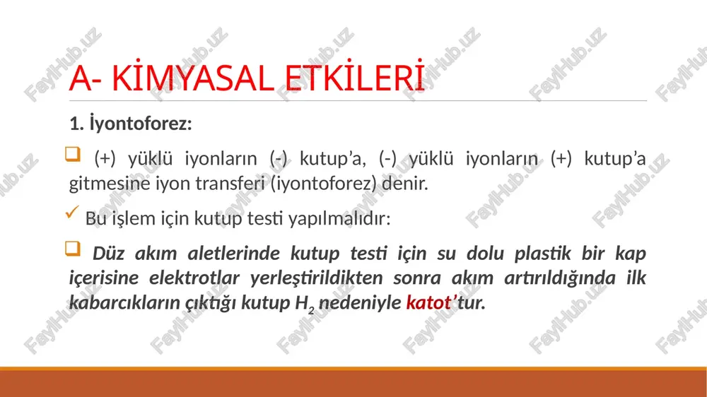 çindir. daha çok ön kol ve eller, dizin altından itibaren bacaklar ve ayaklar için kullanılır. b- fi̇zyoloji̇k etki̇leri̇ bir akımın fizyolojik veya biyolojik etkileri, o akımın sinir, kas, kan dolaşımı ve deri gibi canlı doku üzerindeki etkilerini içerir. vücuttan akım geçtiği zaman iyonlar iki yönde hareket ederler ve iki türlü etki meydana getirirler. bu etkiler; a. i̇nterpolar etkiler: akımın geçtiği yolda meydana gelen etkilerdir ve vazodilatasyona yol açarlar. b. polar etkiler: anot (+) ve katot (-) altında görülen elektrofizyolojik olaylara kutup (polar) etkileri denir. (+) ve (-) kutupta ortaya çıkan fizyolojik etkilere elektrotonus denir. anelektrotonus: sinirin anot ile uyarılması sonucu sinir iletim hızı azalır. katelektrotonus: sinirin katot ile uyarılması sonucu sinir iletim hızı artar. anotta meydana gelen reaksiyonlar o2 açığa çıkar. asit reaksiyonu sert skar dokusu dokularda dehidratasyon vazokonstrüksiyon i̇skemi kanamayı durdurur sedatif etki oluşturur metalleri aşındırır ağrıyı azaltır mavi turnusol kağıdını kırmızıya dönüştürür sinir eksitabilitesini hiperpolarizasyon yoluyla azaltır (anodal …