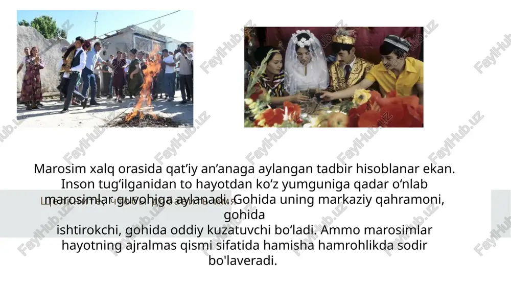 kuzgi marosimlar shamol chaqirish; qishki marosimlar yas-yusunlardan iboratdir. yomg‘ir chaqirish marosimi, asosan, bahorda yomg'ir yog‘magan yillarda o‘tkazilgan. qadimda muqaddas yada toshi bo‘lgan ekan. mana shu tosh yordamida yomg'ir chaqirishgan. mahmud koshg‘ariy “devonu lug‘oti-t-turk” asarida shaxsan o‘zi yoz kunlarida yong'in bo‘lganda, bu tosh mo'jizasi bilan yomg‘ir chaqirilib, yong'in o‘chirilganiga guvoh bo‘lganini yozadi. “doston” so‘zi fors tilidan olingan bo'lib, “qissa”, “hikoya”, “tarix” ma’nolarini ifodalaydi. o‘zbek badiiy adabiyotida dostonlar yaratilish usuliga ko‘ra ikki xil bo'ladi. birinchi turi yozma adabiyot vakillari tomonidan har bir bandi masnaviy - ikki misradan iborat, faqat she’riy shaklda yaratiladi. yusuf xos hojibning «qutadg‘u bilig», navoiyning «xamsa» asaridagi beshta doston va hokazolar. yozma adabiyotdagi dostonlar aruz vaznida yoziladi. individual ijod mahsuli hisoblanadi. binobarin, yozma adabiyotdagi dostonlar yakka shaxs ijodi an’analari asosida vujudga keladi. “doston” so‘zining yana bir ma’nosini ham bilib olish kerak. bu - el orasida gapirilmoq, kuylanmoq, og’izga tushmoq demakdir. demak, dostonlarda ishtirok etgan qahramonlar, bir tomondan, asardagi obraz …