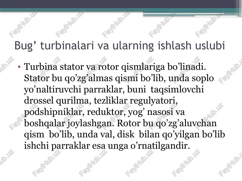 gan qiymatgacha oshirib, keyingi sikl uchun qozonga uzatib beradi. renkin sikli renkin sikli to‘rtta – ikkita izobarik va ikkita adiabatik jarayondan tarkib topadi. renkin siklining pv, ts va hs diagrammalari tasvirlangan. bu diagrammalarda ordinatadagi 1 va 2 nuqtalar orasidagi masofa turbina bajargan ishga, 2 va 3 nuqtalar orasida ish bajarib bo‘lgan bug‘, o‘zidagi qoldiq issiqlikni kondensator – sovitgichga berib kondensatsiyalanadi, 3 va 5 nuqtalar orasida kondensat nasosda siqiladi, 1 va 5 nuqtalar orasidagi masofa siklda bajarilgan issiqlik q1 ga mos keladi. renkin sikli siklda ish jismiga, beriladigan issiqlik miqdori (q1) ts diagrammada a–3-5-4-6-1-v-s yuza bilan tasvirlanadi. sikldan olinadigan issiqlik (q2) a – 3-2-v-a yuzaga, sikl ishi esa pv diagrammada 3-5-4-6-1-2-3 yuzaga ekvivalent. renkin siklida issiqlik berish va olish jarayonlari izobaralar bo‘yicha amalga oshirilishi, izobarik jarayonda esa berilgan (olingan) issiqlik miqdori ish jismining jarayon boshi va oxiridagi entalpiyalari ayirmasiga teng bo‘lishi tufayli, renkin sikliga tadbiqan quyidagilarni yozish mumkin: q1=h1-h5 (8.1) va …