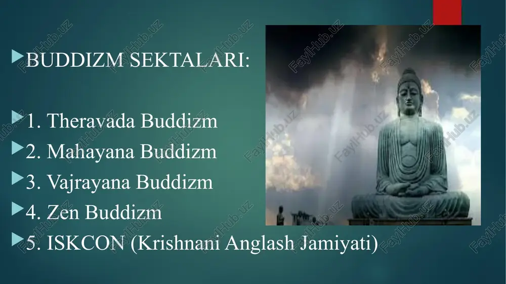 rgani haqidagi iddaosi uning sog‘lom fikrdan ancha uzoqlashib ketganini ko‘rsatadi. g‘ulom ahmad 1905 yilda o‘zining o‘limi haqida vahiy kelganini aytgan bo‘lsada, 1908 yil 26 mayda lahorda vafot etgan. qabri qodiyonga olib ketilgan va tarafdorlari uchun ziyoratgohga aylangan. ular makka va madina qatorida qodiyonni ham muqaddas shahar ekaniga e’tiqod qiladilar.ular qodiyondagi masjid oldiga minora qurdirib, uni xalaskor minorasi, ushbu qishloqdagi qabristonni esa jannat bog‘lari deb atab, bu yerga kumilganlarni jannatga kiradi, deb hisoblaydilar. 3-reja: xalqaro krishnani anglash jamoasi asoschisi: bugungi kunda dunyoda faol missionerlik bilan shug‘ullanayotgan xalqaro krishnani anglash jamiyati (mosk) sharqona destruktiv diniy tashkilotdir. sekta asoschisi hind ruhoniysi abxay charan de (1896-1977) qachon paydo bo‘ldi: 1965 yilda sekta rahbari a.ch.bxaktivedanta svami aqshga ko‘chib o‘tdi va “xalqaro krishnani anglash jamiyati” ga asos soldi. muqaddas shahri: vrindavan muqaddas kitobi: bhagavad gita e’tiqod qiluvchilar soni: 10 million () muqaddas ibodatxonasi : krishna mandir yoki iskcon tempel (150 ta) tarqalgan hududlari: fransiya, germaniya, hindiston, …
