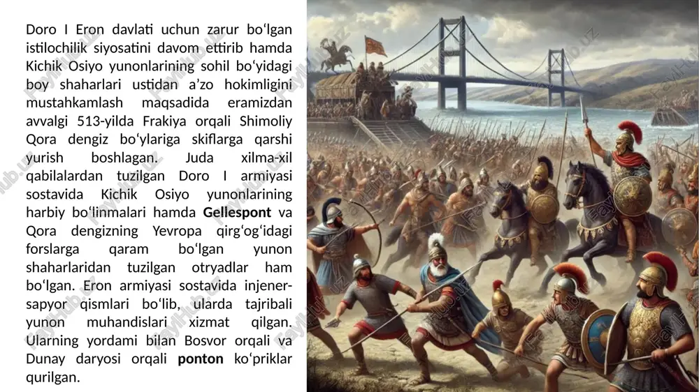 or naksos orolida aristokratiyani qayta tiklashga va birato‘la orolni eronga bo‘ysundirib, podshoga xizmat ko‘rsatishga qaror qilgan. u naksos orolini zabt etish uchun yordam so‘rab doro i ga murojaat qilgan. lekin orolni istilo qilishga muvaffaq bo‘linmagan. shundan keyin, gerodotning aytishicha, aristagor doro і ning g‘azabidan qo‘rqib, miletga qaytib borgan va miletliklarni eron zulmiga qarshi qo‘zg‘olon ko‘tarishga da’vat etgan. miletda stixiyali qo‘zg‘olon eramizdan avvalgi 500-yilda boshlanib, kichik osiyo yunonlarining ko‘p shaharlariga tez yoyilgan. ioniya qo‘zg‘olonining dastlabki muvaffaqiyatlarga erishganligining sababi shu ediki, bu qo‘zg‘olon forslar uchun kutilmagan hodisa bo‘lgan, ularning kichik osiyoning g‘arbiy qismda yetarli harbiy kuchlari bo‘lmagan. qo‘zg‘olonchilar buni yaxshi tushunganlar. aristagor yordam so‘rash uchun bolqon gretsiyasining shaharlariga junab ketgan. lekin ular eron bilan to‘qnashuvdan qo‘rqqanlar. savdo-sotiq yo‘llarini forslar nazorat ostiga olishidan ayniqsa qo‘rqqan afina aholisida faqat ermiy. qo‘shinidan yordam berishga rozi bo‘lgan. u eron askarlariga qarshi 20 harbiy kemani yuborgan. bebeylan shahri eritreya shahri 5 kema yuborgan. bu orada qo‘zg‘olon butun …