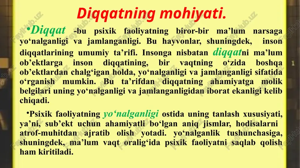 k deb, odatda, ikki turlicha hodisaga aytiladi. birinchidan, ko‘p hollarda parishonxotirlik deb, insonning atrofidagilarga e’tibor bermasdan, ishga haddan tashqari berilib ketishining natijasiga aytiladi. parishonxotirlikning bu turi u yoki bu faoliyatda kuchli jamlanganlik natijasida yuzaga kelganligi sababli soxta parishonxotirlik deb ataladi. parishonxotirlikning bu turi haqiqiy parishonxotirlik deb ataladi. haqiqiy parishonxotirlikdan aziyat chekuvchi insonning ixtiyoriy diqqati o‘ta beqarorligi va chalg‘ib turishi bilan farqlanadi. diqqat o‘zining rivojlanish bosqichlariga ega. bola hayotining birinchi oylarida faqat ixtiyorsiz diqqatning mavjudligi kuzatiladi. bola dastlab kuchli yoki keskin farq qiladigan tashqi qo‘zg‘atuvchilarni sezadi. uch oylik bo‘lishi bilan bola, hayoti bilan uzviy bog‘liq bo‘lgan ob’ektlar bilan ko‘proq qiziqa boshlaydi. 5-7 oyligida bola etarlicha uzoq vaqt davomida qandaydir jismni kuzatishi, ushlab ko‘rishi, og‘ziga olishi mumkin. ixtiyoriy diqqatning nishonalari, odatda, birinchi yilning oxiri ikkinchi yilning boshlariga kelib, namoyon bo‘la boshlaydi. bolada ixtiyoriy diqqatning shakllanishi va rivojlanishi uni tarbiyalash jarayoni bilan bog‘liq. bolaning atrofidagi odamlar asta-sekin bolani o‘zi istaganini emas, balki, uning …