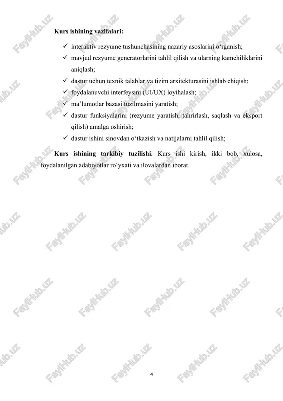 ini qisqacha ifoda etuvchi rasmiy hujjatdir. an’anaviy rezyumelar odatda matnli hujjat ko‘rinishida bo‘lib, ular microsoft word, pdf yoki matn muharrirlari yordamida yaratiladi. biroq bunday hujjatlar ko‘pincha standart va bir xil ko‘rinishda bo‘ladi, bu esa ish beruvchilarda kuchli taassurot qoldira olmaydi. interaktiv rezyume esa — bu oddiy hujjat emas, balki raqamli platforma yoki dasturiy vosita orqali tayyorlanadigan, foydalanuvchi bilan o‘zaro muloqotga kirisha oladigan, dinamik tarkibga ega bo‘lgan elektron shakldagi rezyumedir. unda foydalanuvchi ma’lumotlari oddiy matn tarzida emas, balki dizayn elementlari, grafikalar, piktogrammalar, havolalar, video va animatsiyalar orqali ifodalanadi. bunday yondashuv nafaqat axborotni vizual tarzda boyitadi, balki foydalanuvchining texnologik savodxonligi, ijodkorligi va tafakkur darajasini ham namoyon etadi. hozirgi kunda interaktiv rezyume yaratish texnologiyalari turli shakllarda mavjud. ba’zilar veb-ilovalar sifatida ishlab chiqilgan (masalan, canva, visualcv, resume.io, zety), boshqalari esa mobil ilovalar yoki dasturiy ta’minot ko‘rinishida faoliyat yuritadi. ularning asosiy maqsadi — foydalanuvchiga hech qanday dasturlash yoki dizayn bo‘yicha bilimga ega bo‘lmagan holda, professional …