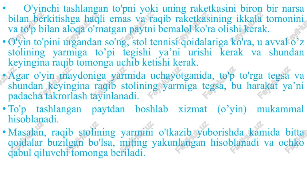 yordamchi hakam - bosh hakamga yordam beradi. oziqlantirish ushbu usul to'pni maydonga tashlagan o'yinchining ochiq kaftida yotganda amalga oshiriladi va to'p stolga tegmasdan oldin urilishi kerak. to'p birinchi bo'lib maydonning yarmiga tegib, to'r ustidan o'tib, raqib stolining bir qismiga tushadi. to'pni zarbadan keyin tennischi bo'sh qo'lini parvoz yo'lidan olib tashlashi kerak. taqdim etish yig'ilish sudyalari barcha talablarning to'g'ri bajarilishini tekshirishlari uchun amalga oshiriladi. o'yin birinchi xizmatdan keyin qabul qiluvchi o'yinchi zarbani qaytaradi, o'yin nuqta, qoidabuzarlik yoki takroriy sanaguncha to'pni navbatma-navbat tashlash bilan davom etadi. quyidagi hollarda chizma takrorlanishi kerak: to'p xizmat qilayotganda to'r ustidan uchib o'tdi yoki unga tegdi; to'p raqib qabul qilishga tayyor bo'lmaganida va zarbani qaytarishga urinmaganida xizmat qiladi; uchrashuv hakamlar tomonidan to'xtatiladi; agar to'p raqib maydoniga tegib, qarama-qarshi tomonga yo'nalgan bo'lsa; quyidagi hollarda ochko o'yinchiga beriladi: raqib stolining bir qismiga tegsa, to'r ustidan uchib o'tadi va raqib zarbani qaytarolmasa; agar raqibga zarba bergandan so'ng, to'p o'yin maydoniga …