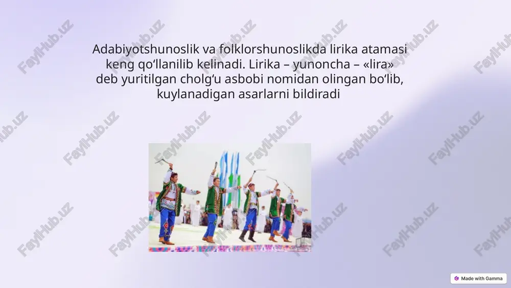 ilgan. keyinchalik davrlar o‘tishi bilan marosim unutilib, faqat qo‘shiq matni qolgan. misol uchun qo‘sh, o‘rim, oblo baraka, ho‘p mayda, yorg‘ichoq qo‘shiqlarini olaylik. qadimda qo‘sh haydash ham, o‘rim ham, oblo baraka ham maxsus marosim sanalgan mehnat qo‘shiqlarining o‘zi ko‘plab a) dehqonchilik bilan bog‘liq qo‘shiqlar (qo‘sh, oblo baraka, yorg‘ichoq qo‘shiqlari), b) chorvachilik bilan bog‘liq qo‘shiqlar (sog‘im qo‘shiqlari: hushey-hushey, turey-turey, churey-churey), v) kasb hunar (charx, bo‘zchi, gilam to‘quvchilar va hokazo) qo‘shiqlaridan tashkil topgan bolalar folklorining janriy tasnifi so‘z va harakatning nisbatiga ko‘ra bularni ikki katta guruhga bo‘lish mumkin: 1.bolalarning maishiy qo‘shiqlari. 2. bolalarning o‘yin folklori. aytim-olqishlar aytim-olqishlar erkalovchi motivdagi rasm-rusum qo‘shiqlari bo‘lib, asosan, bolalarning beshik davriga oid turli-tuman marosimlarda ijro etiladi: -chaqaloq besh va to‘qqiz kunga to‘lganda, -ilk bor cho‘miltirilganda, -beshikka ilk bor va har gal bog‘langanda, -yana qayta ochib olinganda, -ilk bor tish yoriganida, -birinchi marta mustaqil o‘tirganida, -ilk bor oyog‘ida tikka turganida, -birinchi marta odimlaganida, -“toy-toy”laganida, har gal yangi kiyim kiygizganda, …
