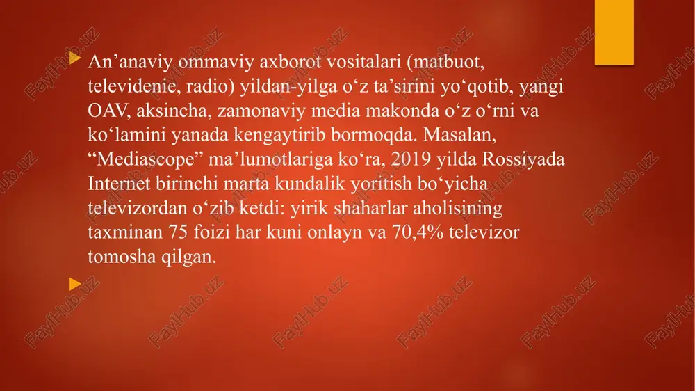laysiz? image6.jpg image7.png image8.jpeg image2.png image3.png image4.png image5.png our yctugah @meviknapgah cbapku — xykmpohmimk yphatuw awmphh kyn gunan __tabeup . coxta peannuk apatm kyn yunga mypakka6 ba ho3mk xapakatnap —s ywoxttupuw qukkatthu yanrutnw mahhwity jaw maaah |___, xmmo*ajiahkil 1. voktumonn tapmokapfarm ahrmankaapra uwohmaht! 2. 3xo-kammepasiapra tylumahr! 3. bungupuwhomanapun (push notifications) yanpu6 kywuur! 4. uktumoui tapmmokaapra capdavaurah baktuhim3hu yeknaht! 5. peknamasapra 6epunmarr! "pekjiama tyfpuicua"tm kohyh _. akt taxpupaa mctedmo/ymnar xykykjiapmhk /docprops/thumbnail.jpeg ‘1-mavzu. mediasavodxonlik va axborot madaniyati fanining maqsadi va vazifalari hamda uni rivojlanish evolyutsiyasi