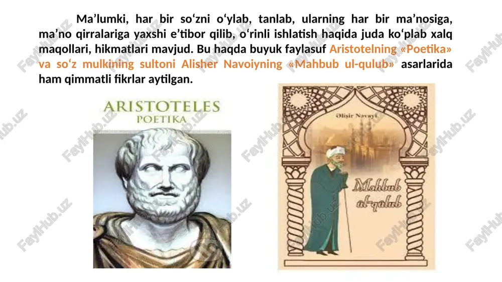 hegaralangan. badiiy adabiyot tilidagi fonetik o‘zgarishlar asosan matnda tovushlarning qisqargan va orttirilgan (so‘rma mendan, kim diloro / do‘stmi yo jonona deb. e.vohidov; ne balolig‘ kip edikim. oshino bo‘ldim sango. alisher navoiy; shabboda men seni ko‘rmayman, / qo‘limga tutmayman. shuningdek, badiiy uslubda, xususan poetik nutqda hozirgi adabiy orfografik me’yor talablariga muvofiq kelmaydigan qaro, yamon, yaro, oshno, talosh singari so‘zlar ham ishlatilaveradi. so‘zlashuv uslubi kishilarning kundalik rasmiy-norasmiy, erkin muomalalari doirasida til birliklarining o‘ziga xos tarzda amal qilishidir. uni ma’lum ma’noda tildagi boshqa uslublarga qarama-qarshi qo‘yish mumkin. bu uslubning o‘ziga xos xususiyati nutq jarayonida til va tildan tashqari omillarning uyg‘un bo‘lishida ko‘rinadi. ayni paytda bu holat so‘zlashuv uslubidagi me’yoriy holatlarni belgilashni qiyinlashtiradi. chunki tildan foydalanuvchining shaxsi, buning ustiga, nutqiy vaziyat yagona bir me’yorni tayin etishga imkon bermaydi. image1.jpg image2.png image3.jpeg image4.jpeg image5.jpeg image6.jpeg image7.png image8.emf image9.png image10.jpeg image11.jpeg image12.png image13.png image14.png of aristoteles poetika. ar s fetes uslubshunoslik ikki xil ko‘rinishga ega nutq …