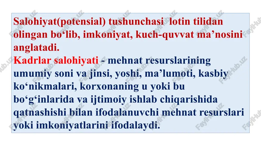ilan bandlar: pul bilan to‘lanadigan yoki natura holidagi haq evaziga yollanib, shuningdek, o‘z faoliyati evaziga qancha muddati haq yoki daromad olishdan qat’iy nazar, foyda yoki oilaviy daromad olish uchun yollanmasdan haftasiga kamida 2 soat mobaynida ish bajarganlar; b) kasalligi yoki jarohatlanganligi tufayli, bemorlarga qarab turish uchun; yillik mehnat ta’tili yoki dam olish kunlarida; o‘z ish joyidan tashqarida ta’lim olganligi uchun; ma’muriyat tashabbusi bilan ta’minoti saqlab qolingan yoki saqlanmagan holda mehnat ta’tilida bo‘lgan va boshqa shunga o‘xshash sabablar bilan vaqtincha ishda bo‘lmaganlar; v) oilaviy korxonada haq olmasdan ish bajargan shaxslar. ish bilan band bo‘lmagan, ishga joylashishga muhtoj aholi – amaldagi qonunlarga muvofiq ishsizlar sifatida rasman ro‘yxatdan o‘tgan (mehnat organlari bandlikka ko‘maklashish markazlari tashkil etadigan, haq to‘lanadigan jamoat ishlarida ish bilan band bo‘lgan davri ham qo‘shganda), shuningdek, mehnatga qobiliyatli yoshda bo‘lib, vaqtincha ish bilan band bo‘lmagan, haq to‘lanadigan ishi yoki daromd keltiradigan mashg‘uloti bo‘lmagan,yo mehnat organlari yordamida, yoki mustaqil ravishda faol ish …