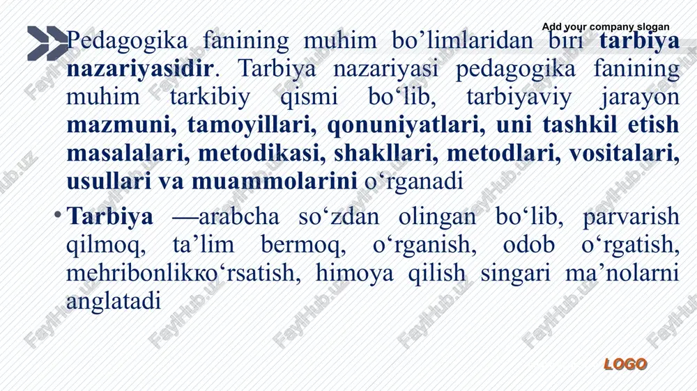 keng ko'lamli davlat dasturi asosida tashkil etiluvchi tarbiya doimo muayyan maqsadga yo'naltirilgan bo'ladi. maqsad: umumiy va individualga bo'linadi 5 add your company slogan logo tarbiyaning maqsadi – shaxsni yosh va individual xususiyatlarini hisobga olib, insonparvarlik ruhida aqliy, ma'naviy, jismoniy rivojlantirish va ijodiy imkoniyatlarini ochishdan iborat. add your company slogan logo vazifasi: http://ppt.prtxt.ru shaxsda umumiy madaniyat unsurlari, ya'ni, shaxsning aqliy, axloqiy, jismoniy, estetik, iqtisodiy, ekologik, huquqiy, siyosiy hamda mehnat madaniyatini tarbiyalashdan iborat add your company slogan logo tarbiyaning umumiy vazifalari: --jamiyat a’zolarining maqsadga yo’naltirilgan rivojlanishi hamda ularning qator ehtiyojlarini qondirish uchun shart-sharoit yaratish; -- jamiyat rivoji uchun zarur bo’lgan ijtimoiy madaniyatga mos etarlicha hajmdagi “inson kapitali”ni tayyorlash; --madaniyatlarni uzatib turish orqali ijtimoiy hayotning barqarorligini ta’minlash; --ma’lum jins yoshi va ijtimoiy-kasbiy guruhlarning qiziqishlarini hisobga olgan holda ijtimoiy munosabatlar doirasida jamiyat a’zolarining harakatini tartibga solish. add your company slogan logo add your company slogan logo ma'naviy-axloqiy tarbiya aqliy tarbiya jismoniy tarbiya ekologik tarbiya …